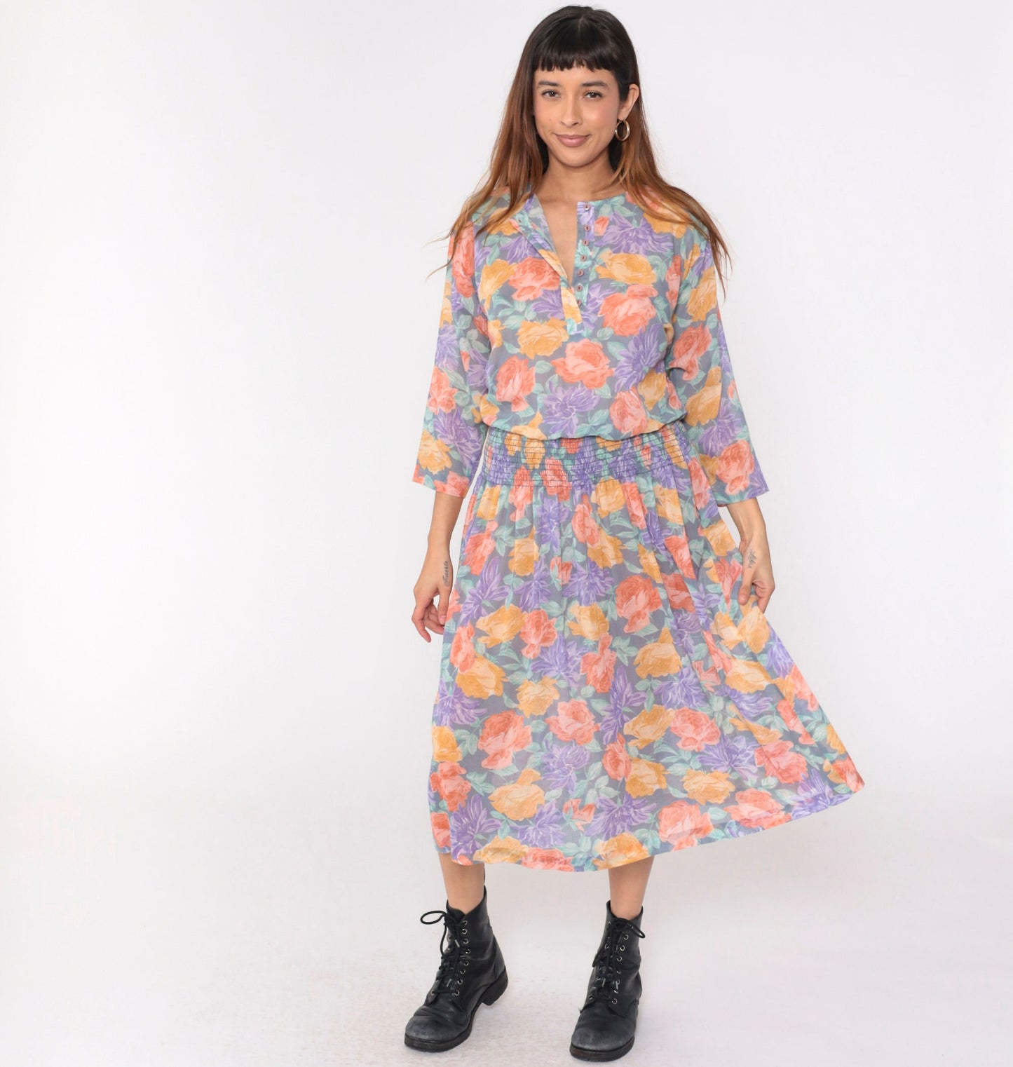 80s Starlo Fashions Floral Midi Dress Smocked Waist Henley Neckline Medium