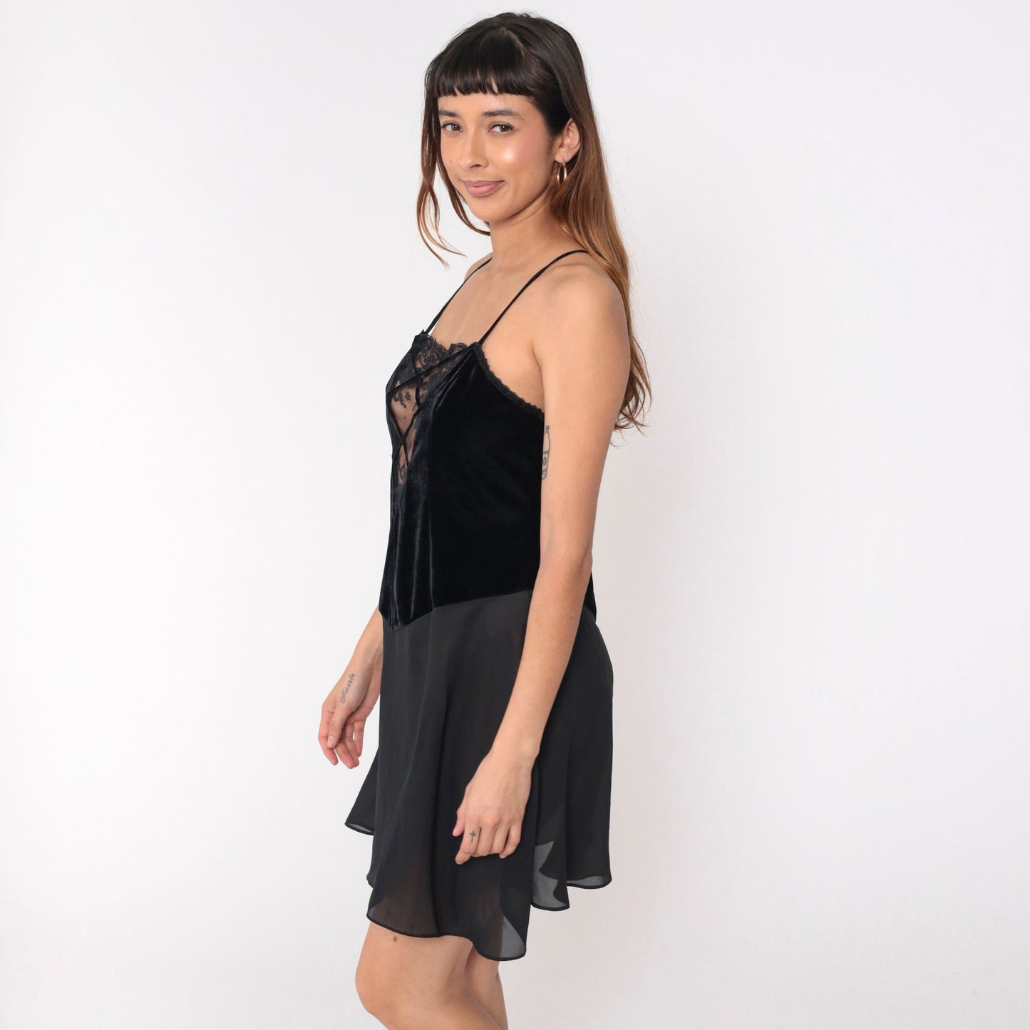 90s Black Chiffon Chemise Lace V-Neck Cage Spaghetti Strap Slip Dress Medium
