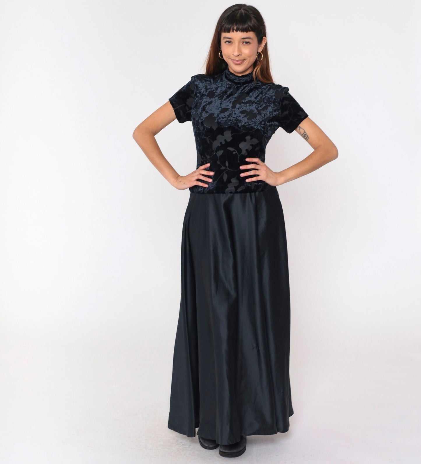 90s Black Velvet Burnout Maxi Dress Leaf Print Mock Neck Drop Waist Small 6