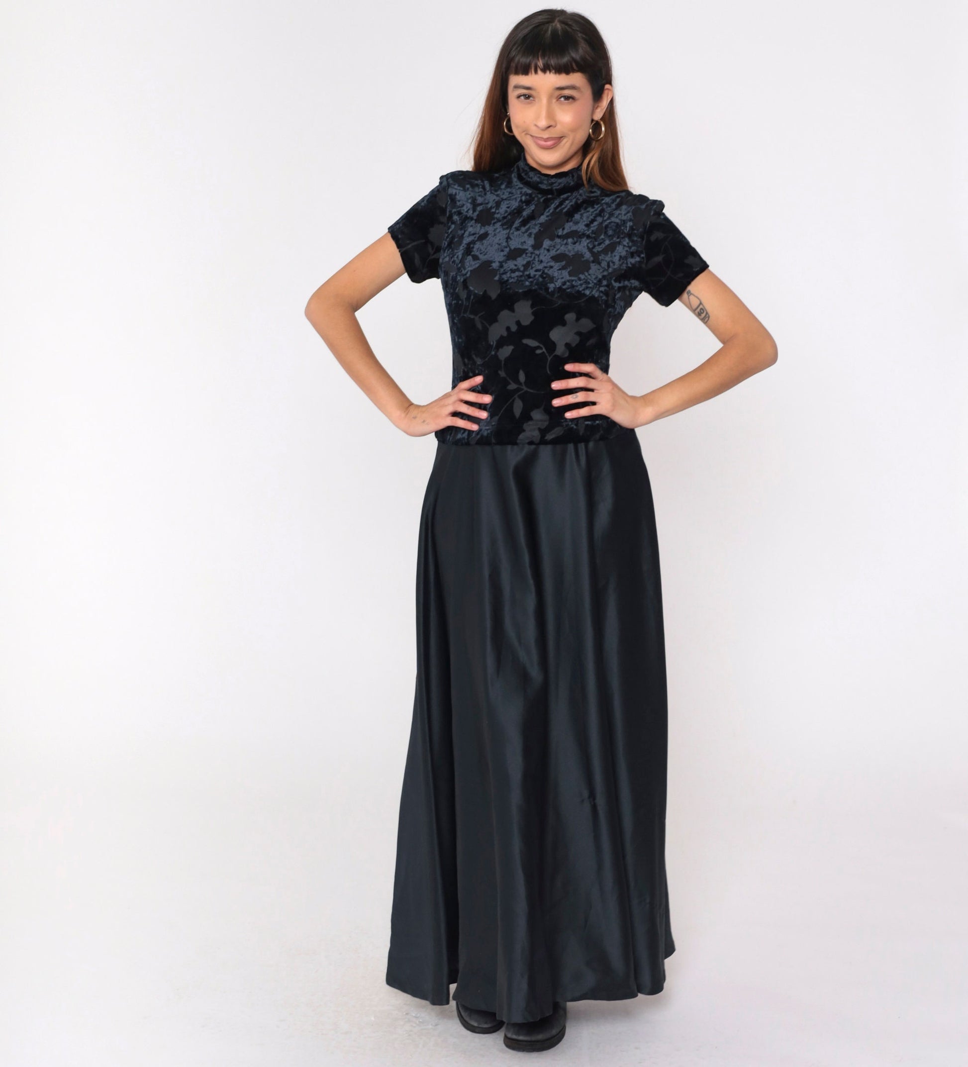 90s Black Velvet Burnout Maxi Dress Leaf Print Mock Neck Drop Waist Small 6