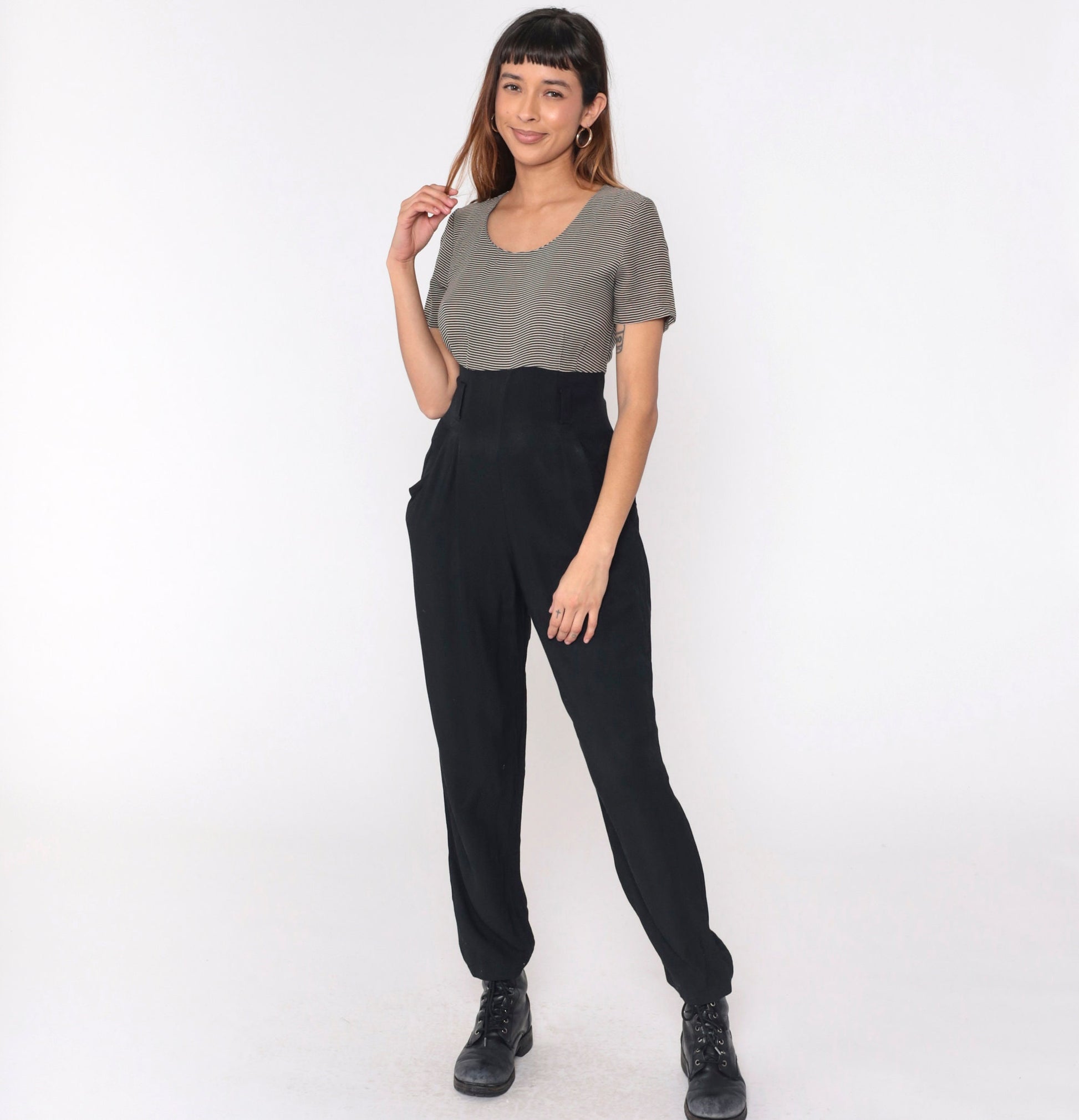 90s Black Pinstripe Jumpsuit Scoop Neck Tapered Pants Pockets Medium 8
