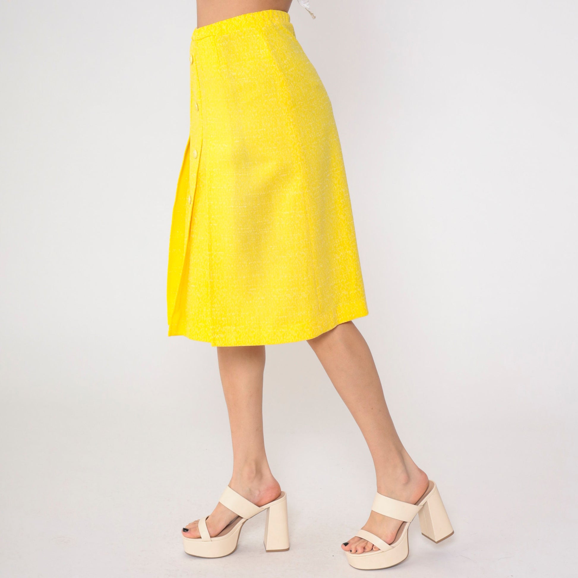 70s Yellow Midi Skirt Button Front High Waist Pleated Flecked Small