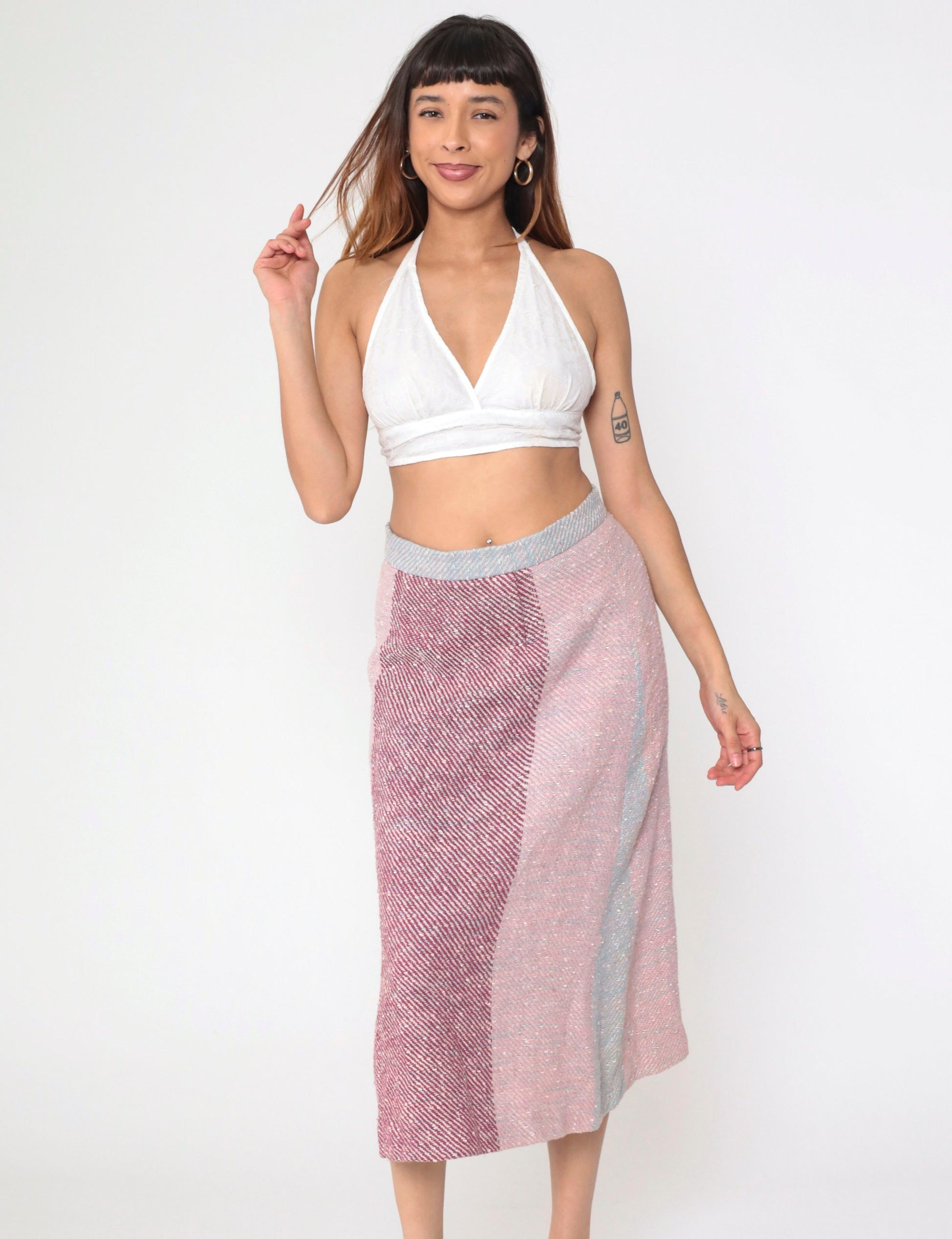 70s Striped Colour Block Midi Skirt High Waist Pink Purple Blue Medium
