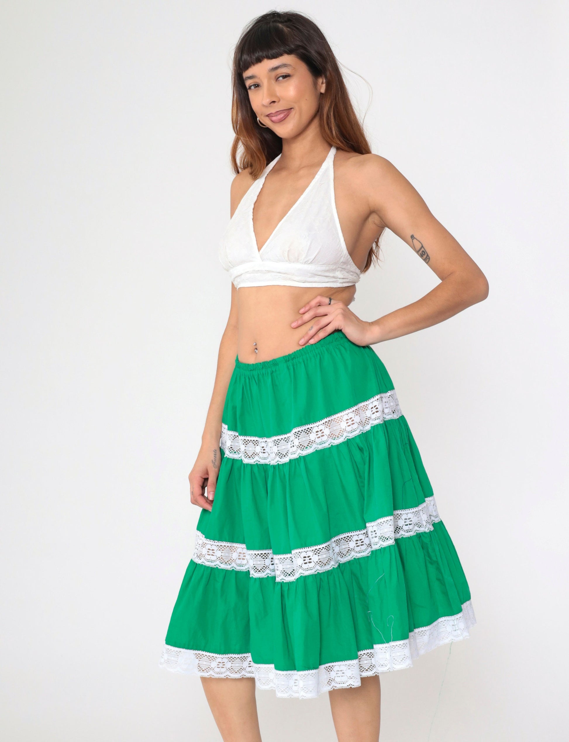 70s Green Tiered Midi Skirt Lace Trim High Waist Small