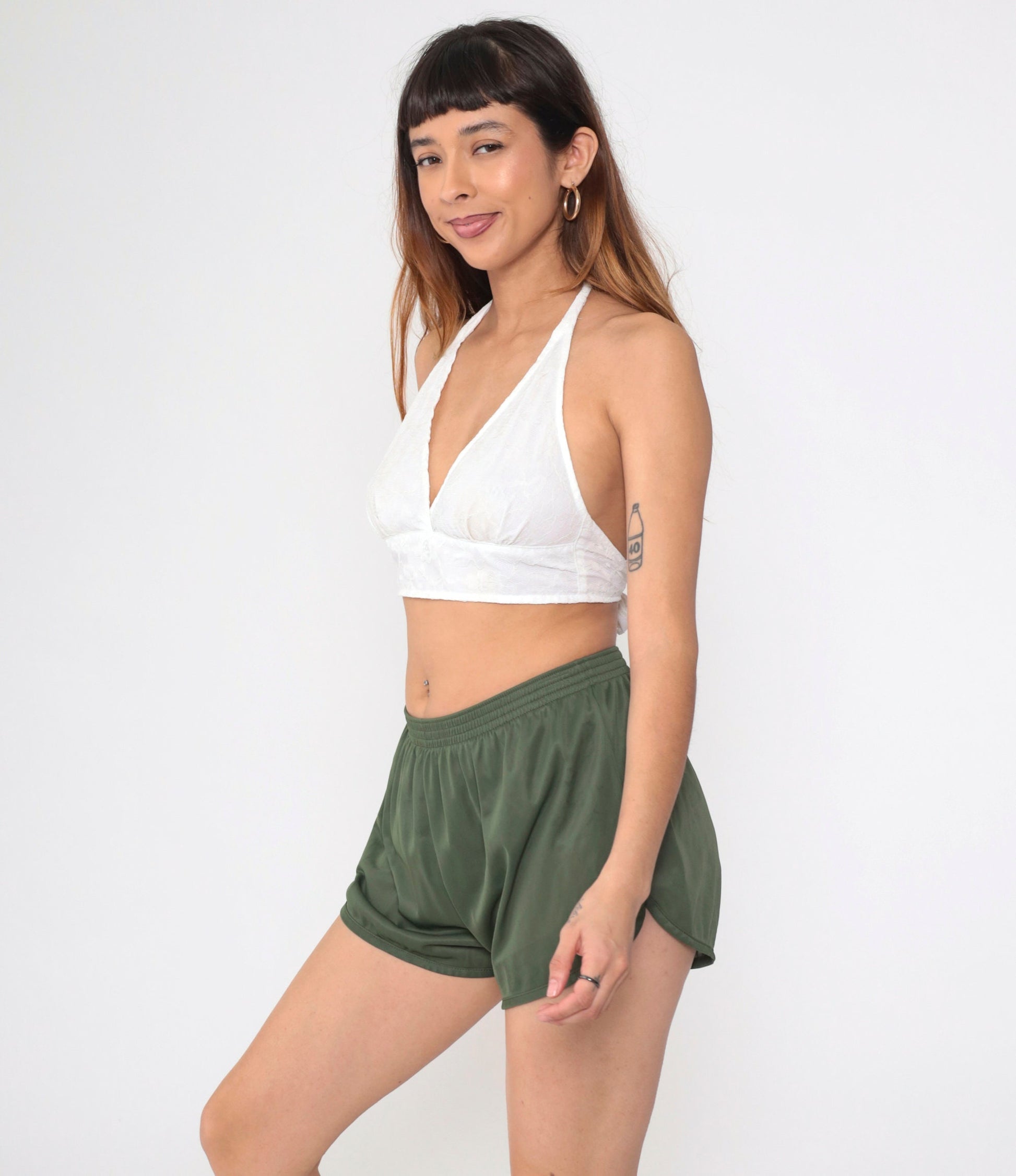 80s Soffe Dolphin Shorts Olive Green High-Waist Nylon Medium