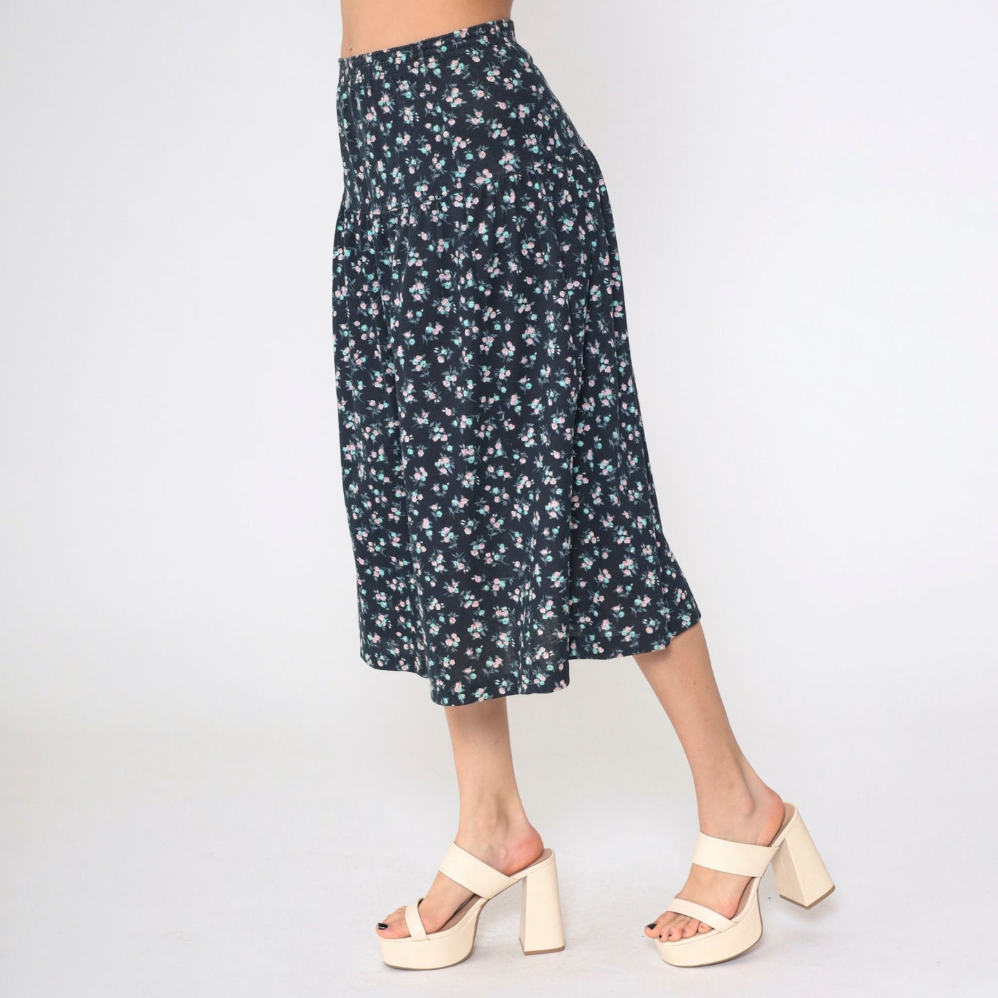 90s Black Floral Midi Skirt High Waist Yoke Calico Print Medium