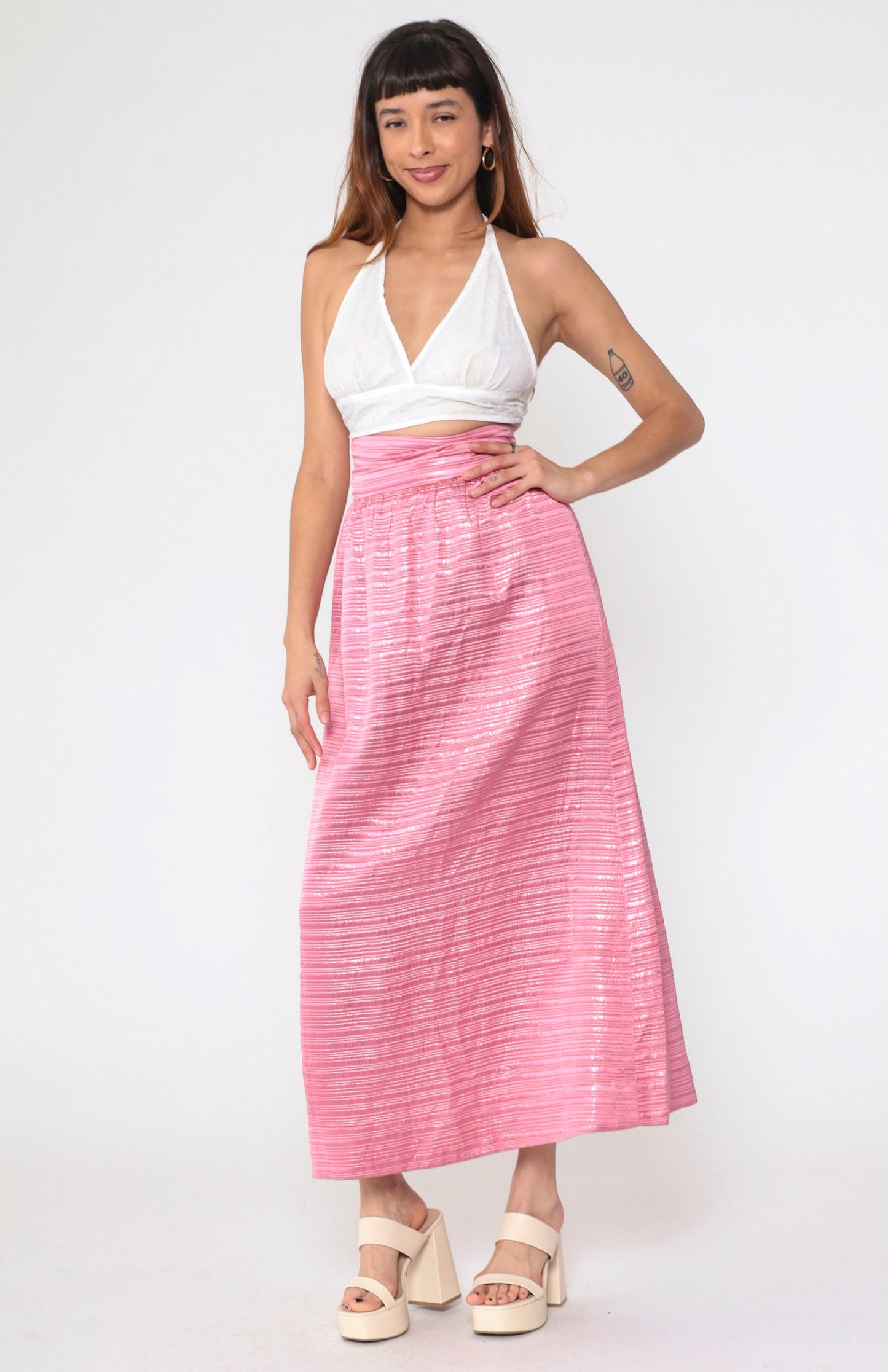 60s Pink Metallic Maxi Skirt High Waisted Formal Evening Wear Extra Small