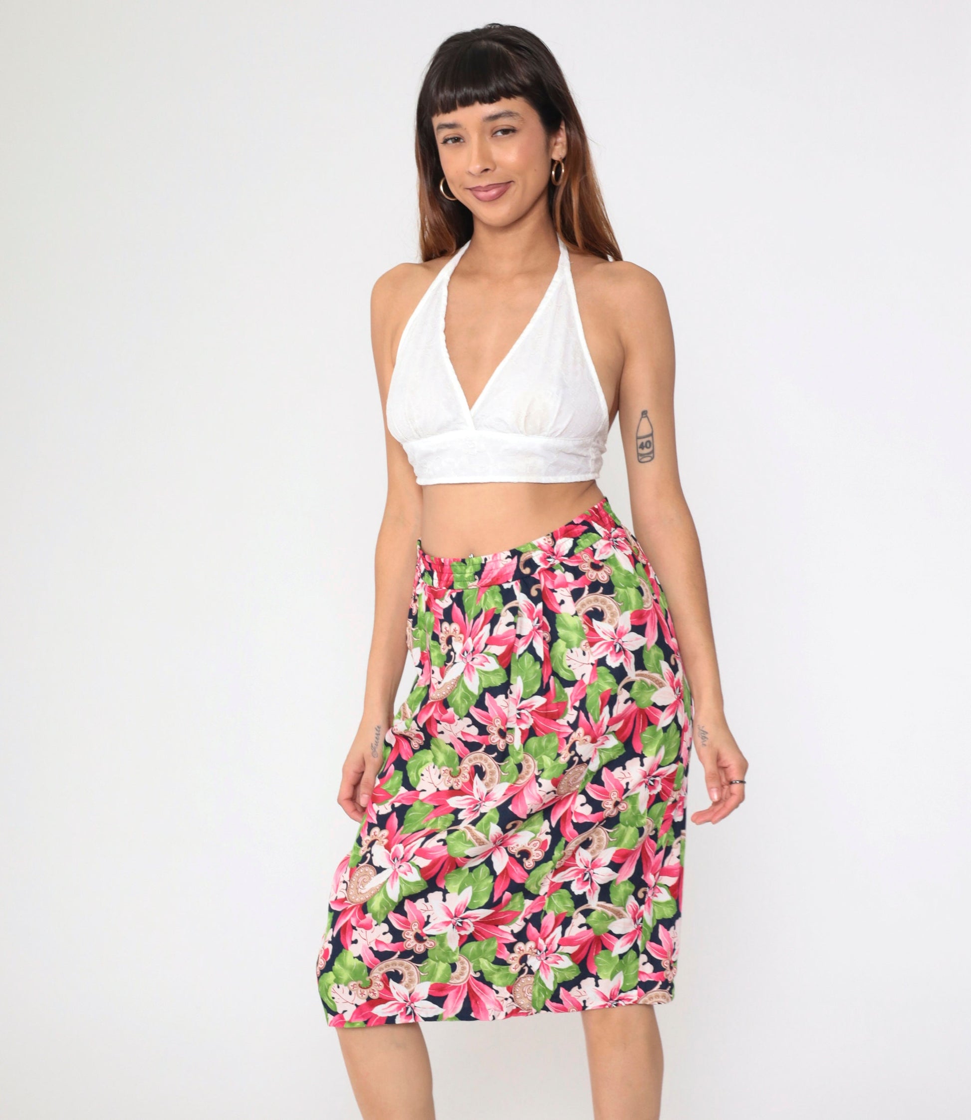 90s Evan Picone Tropical Floral Midi Skirt Navy Pleated High Waist Medium