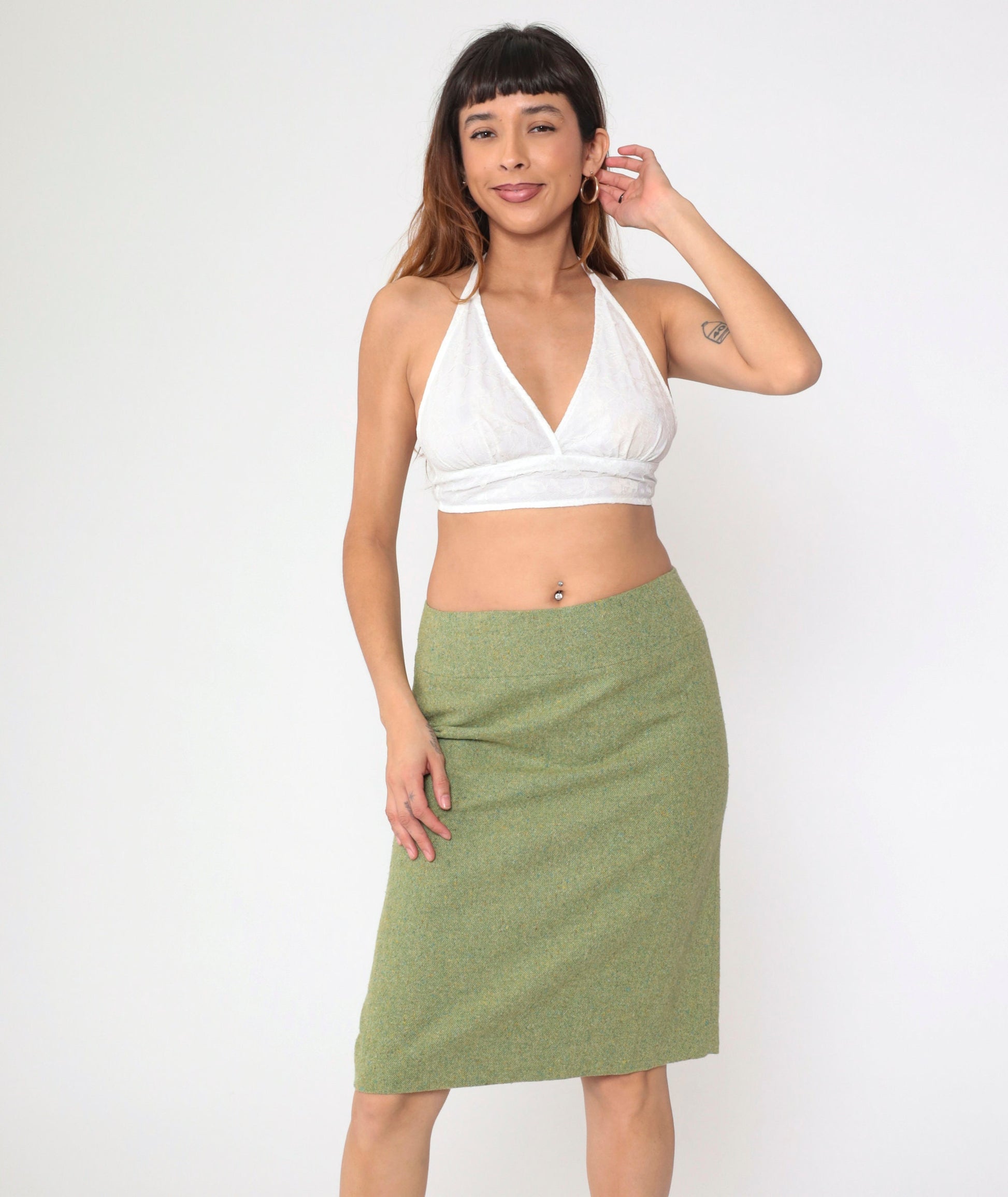 90s Ann Taylor Loft Green Wool Pencil Skirt Midi Kick Pleat Small