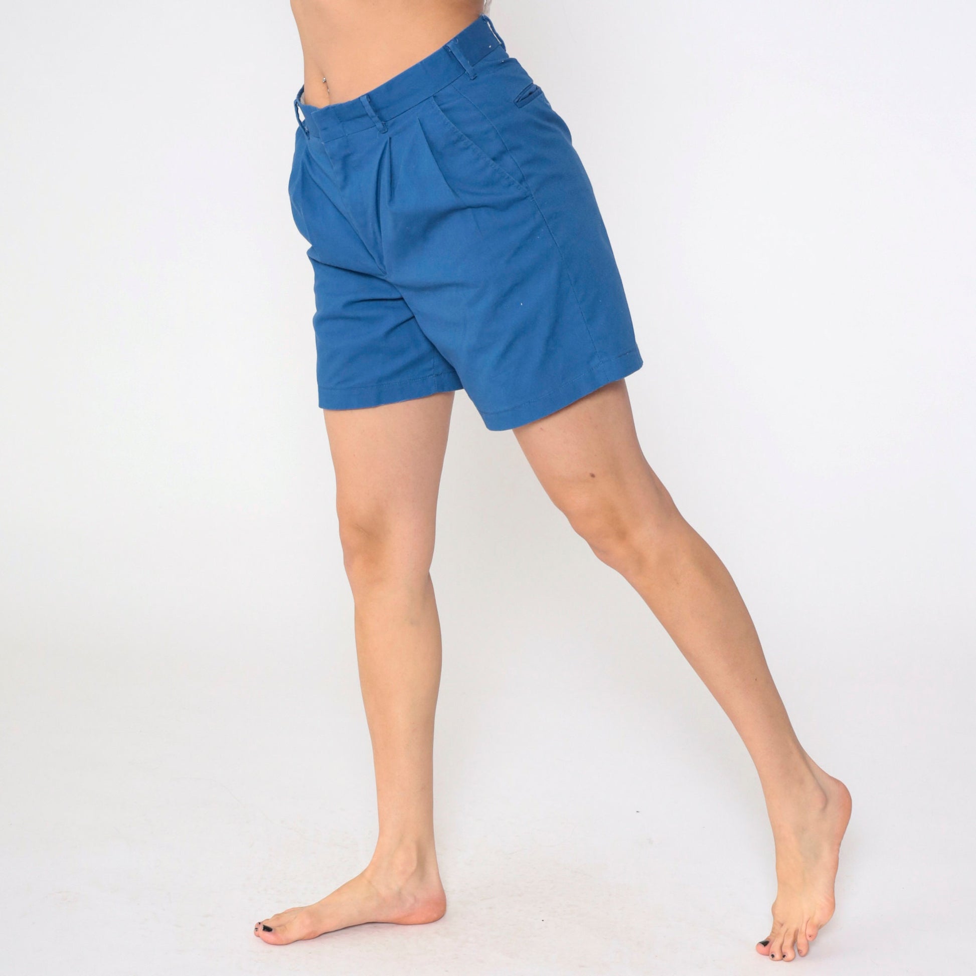 80s Blue Pleated High-Waisted Shorts Cotton Blend Medium
