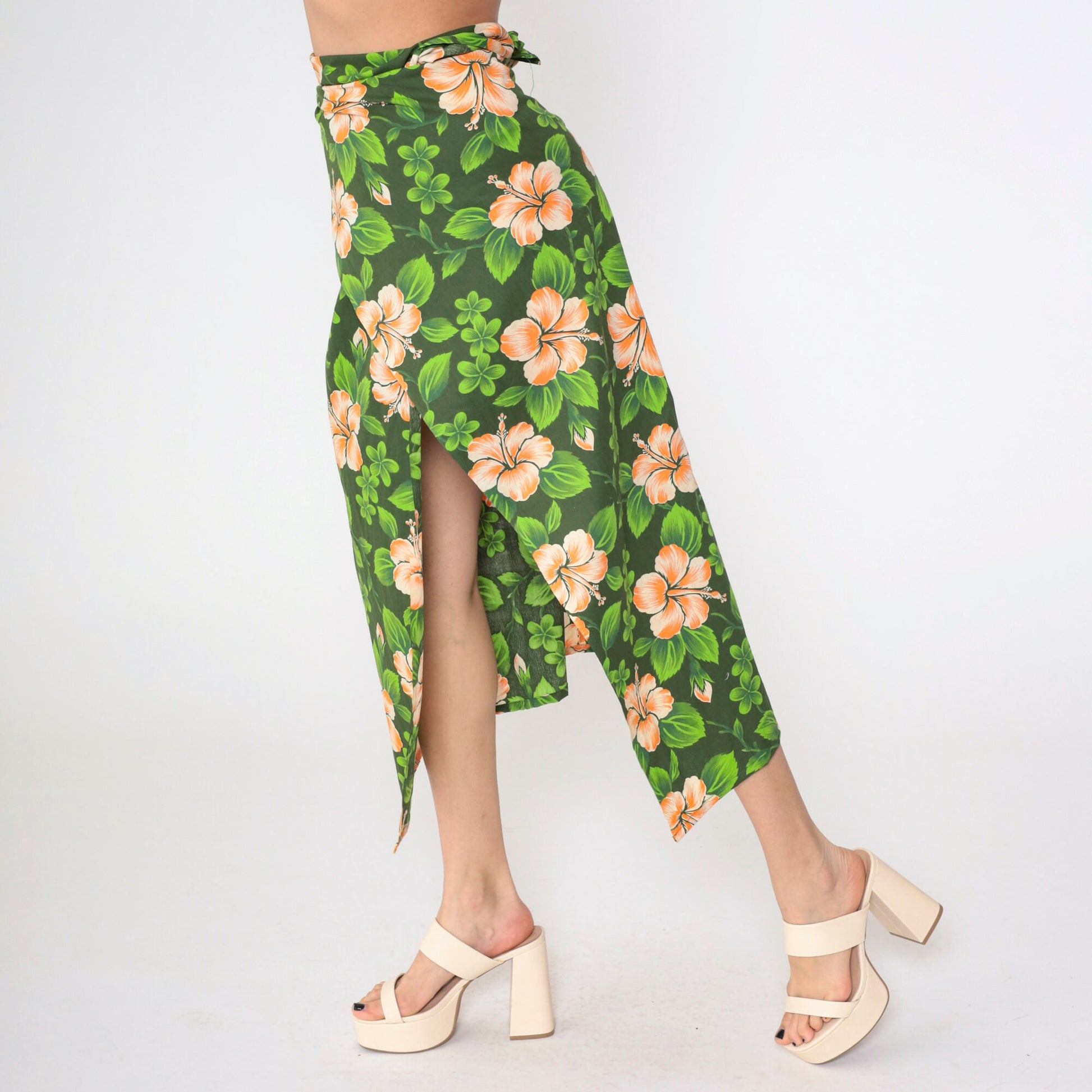 90s Hawaiian Green Floral Wrap Maxi Skirt Front Slit Sarong Small
