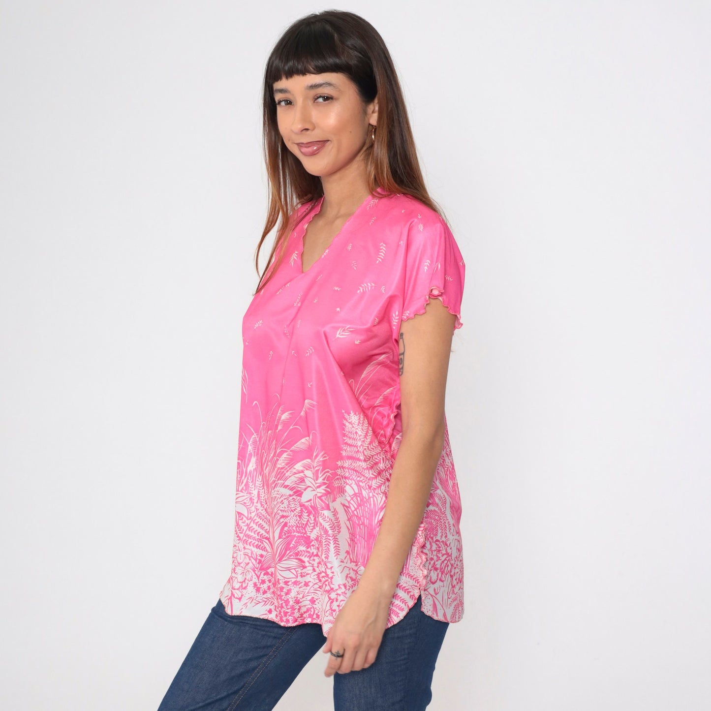 70s Pink Floral Leaf Print Blouse Flutter Sleeve V Neck Lettuce Edge Large L