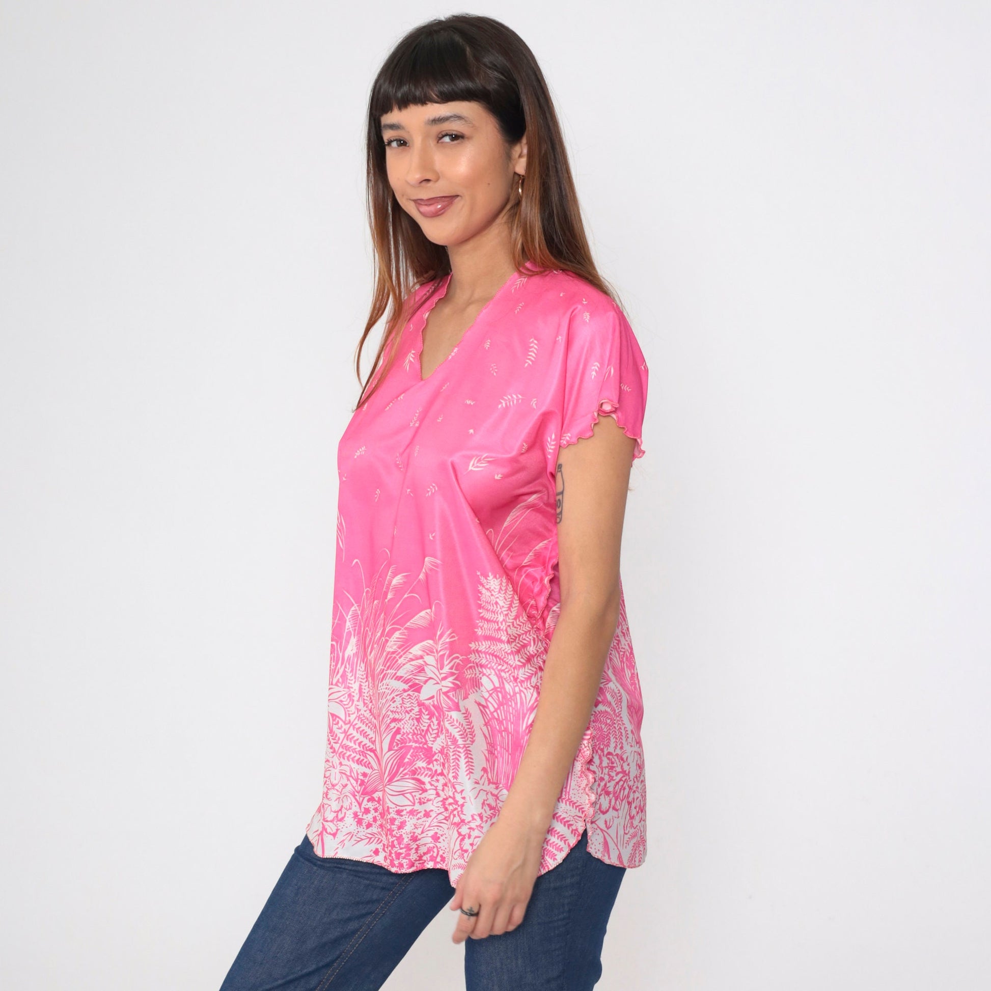 70s Pink Floral Leaf Print Blouse Flutter Sleeve V Neck Lettuce Edge Large L