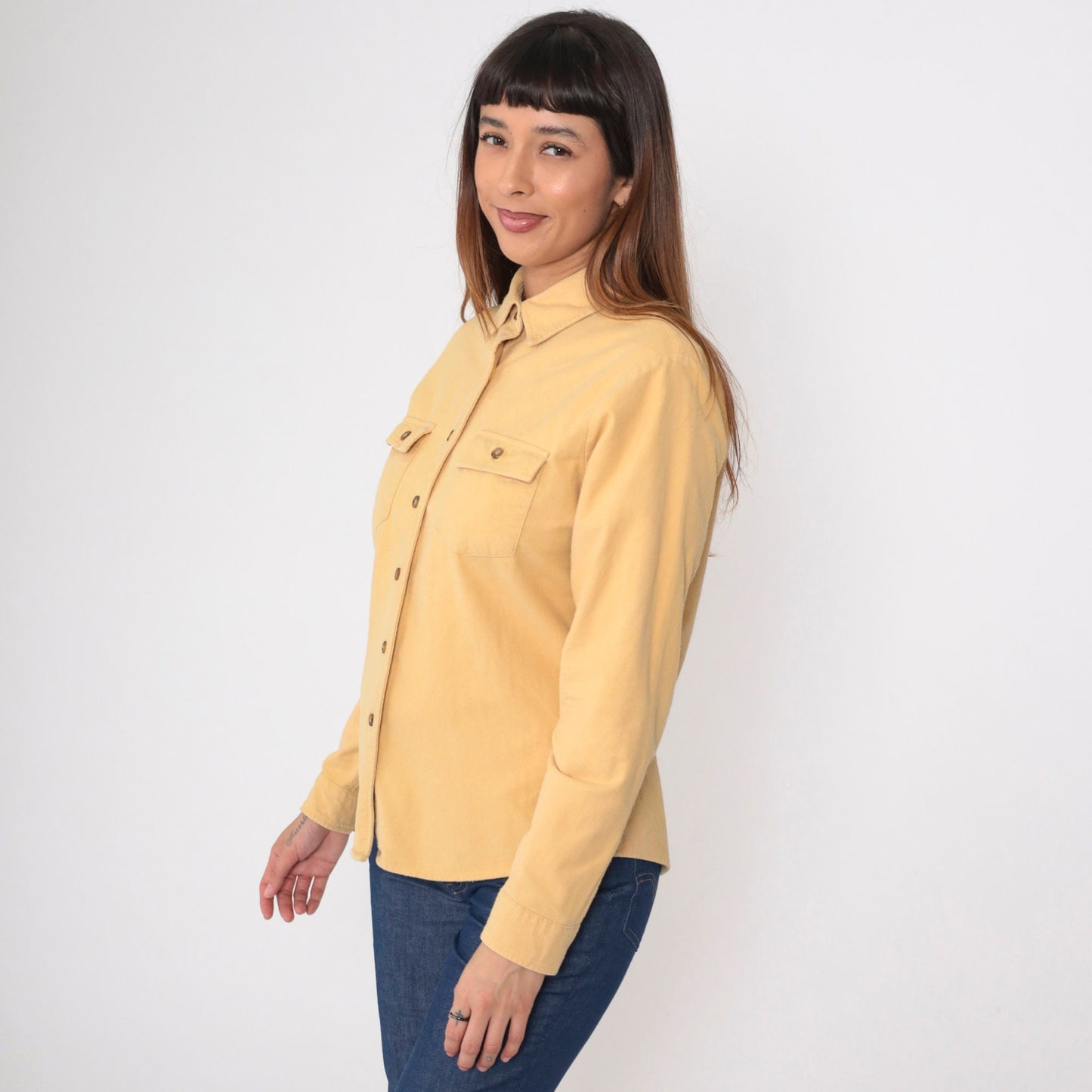 90s LL Bean Cotton Button Up Shirt Muted Yellow Long Sleeve Medium