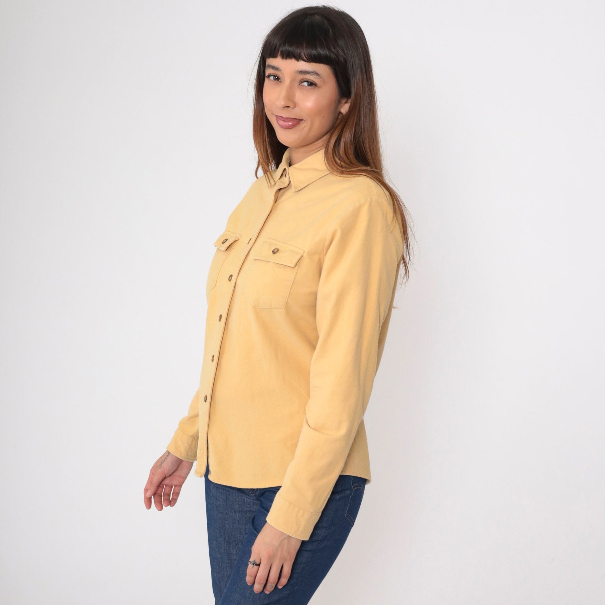 90s LL Bean Cotton Button Up Shirt Muted Yellow Long Sleeve Medium