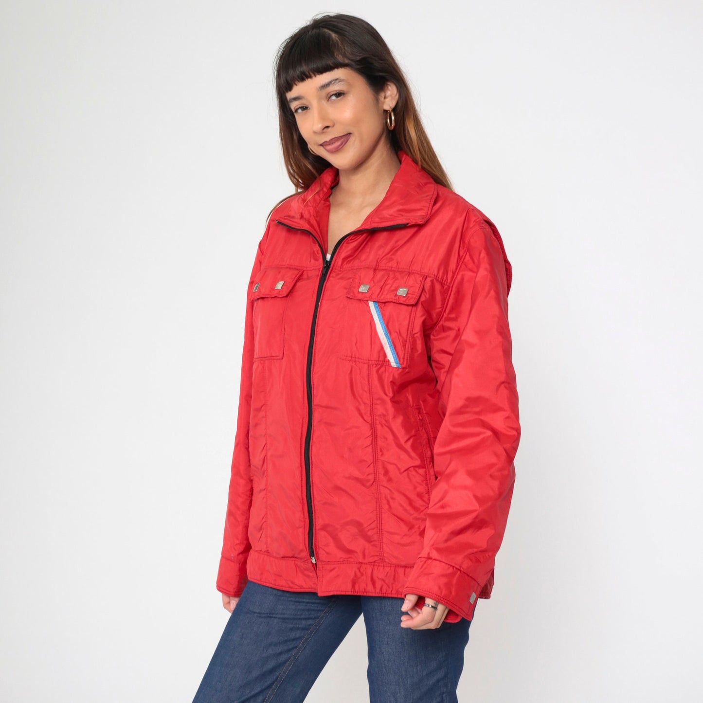 80s Red Ski Puffer Jacket Blue White Stripe Chest Pocket Nylon Large