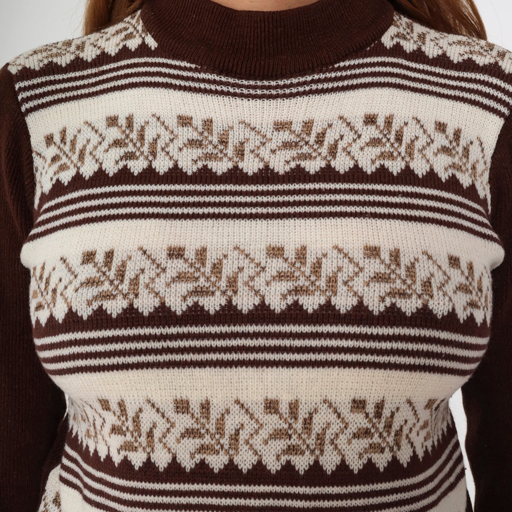 70s Leaf Print Mock Neck Sweater Brown White Striped Knit Extra Small