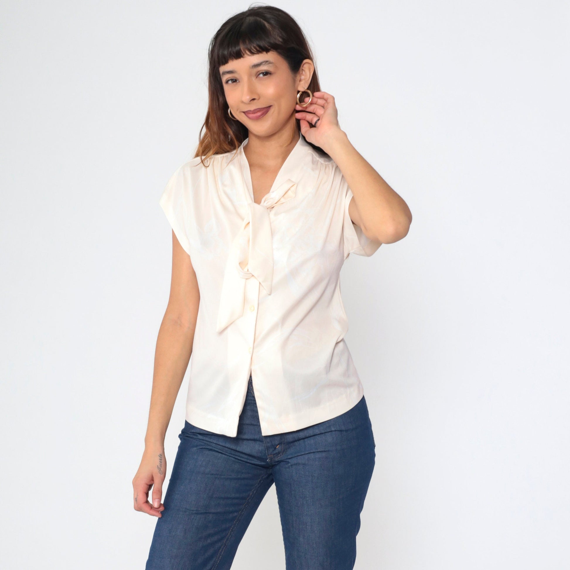 70s Graff Ascot Blouse Cream Abstract Print Button-Up Cap Sleeve Small