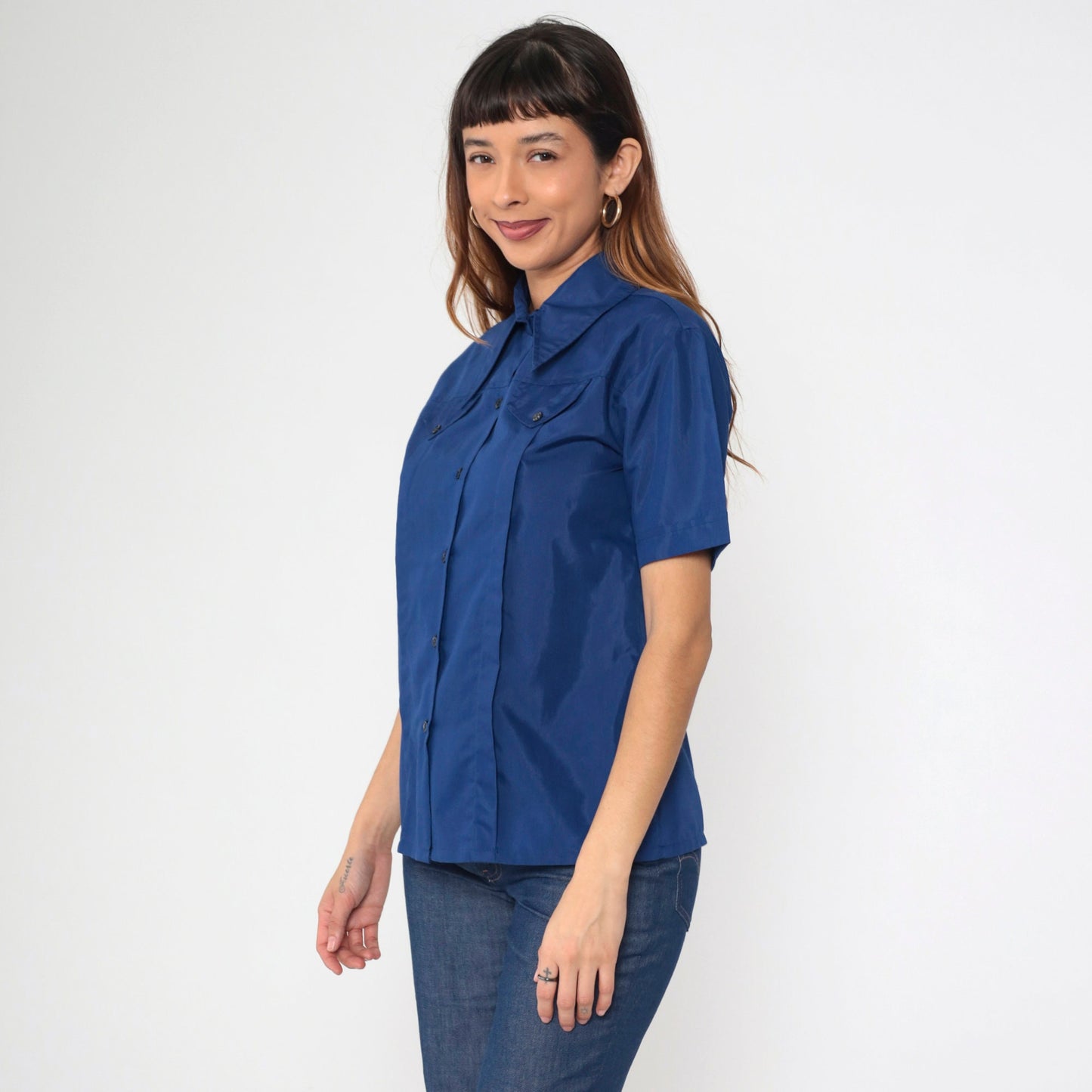 70s Navy Button-Up Shirt Pleated Dagger Collar Short Sleeve Medium