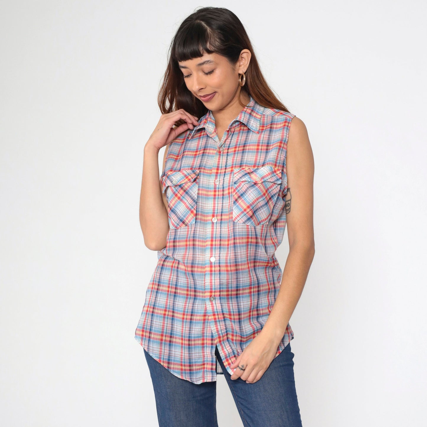 80s Plaid Sleeveless Button-Up Tank Top Red Blue Yellow White Medium Large