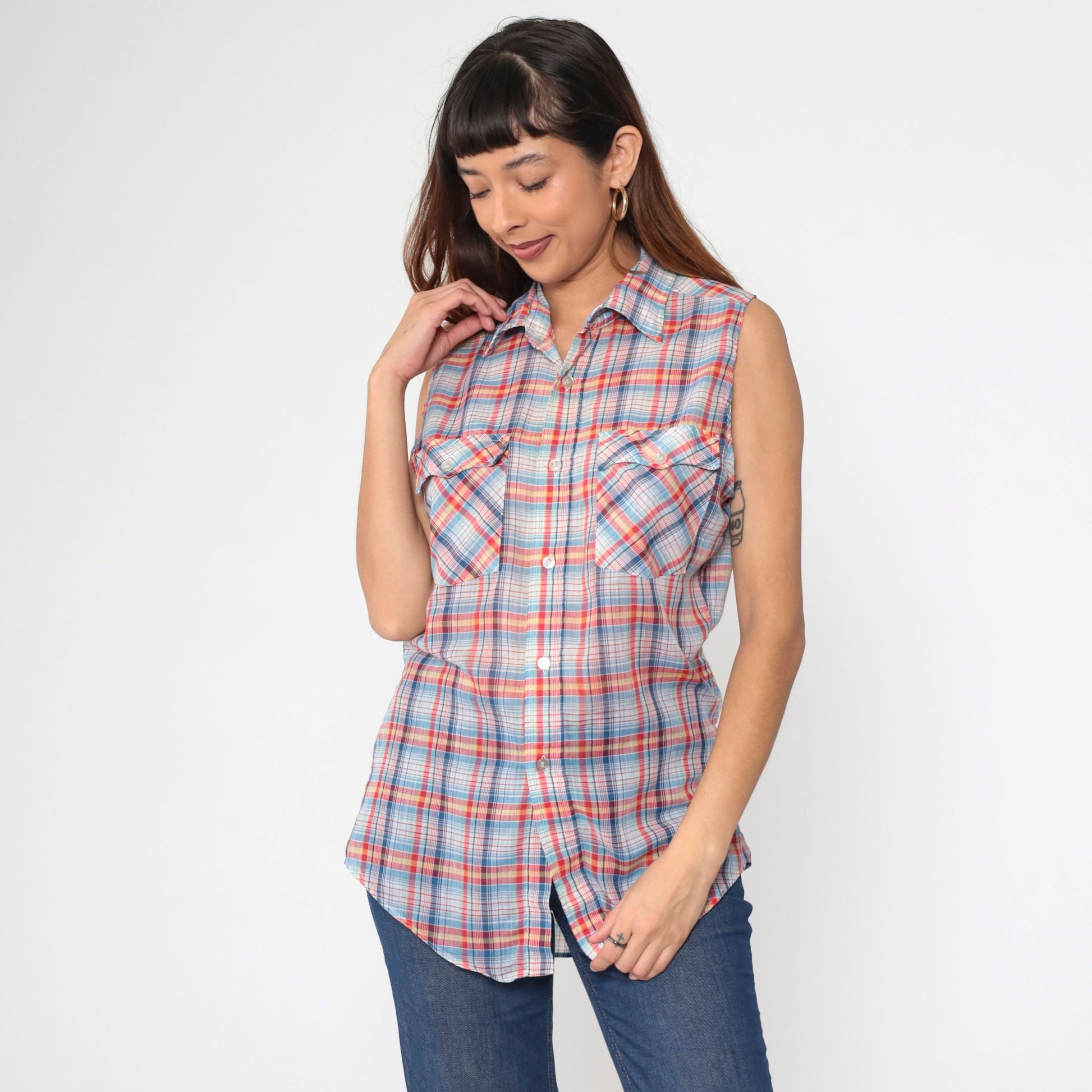 80s Plaid Sleeveless Button-Up Tank Top Red Blue Yellow White Medium Large
