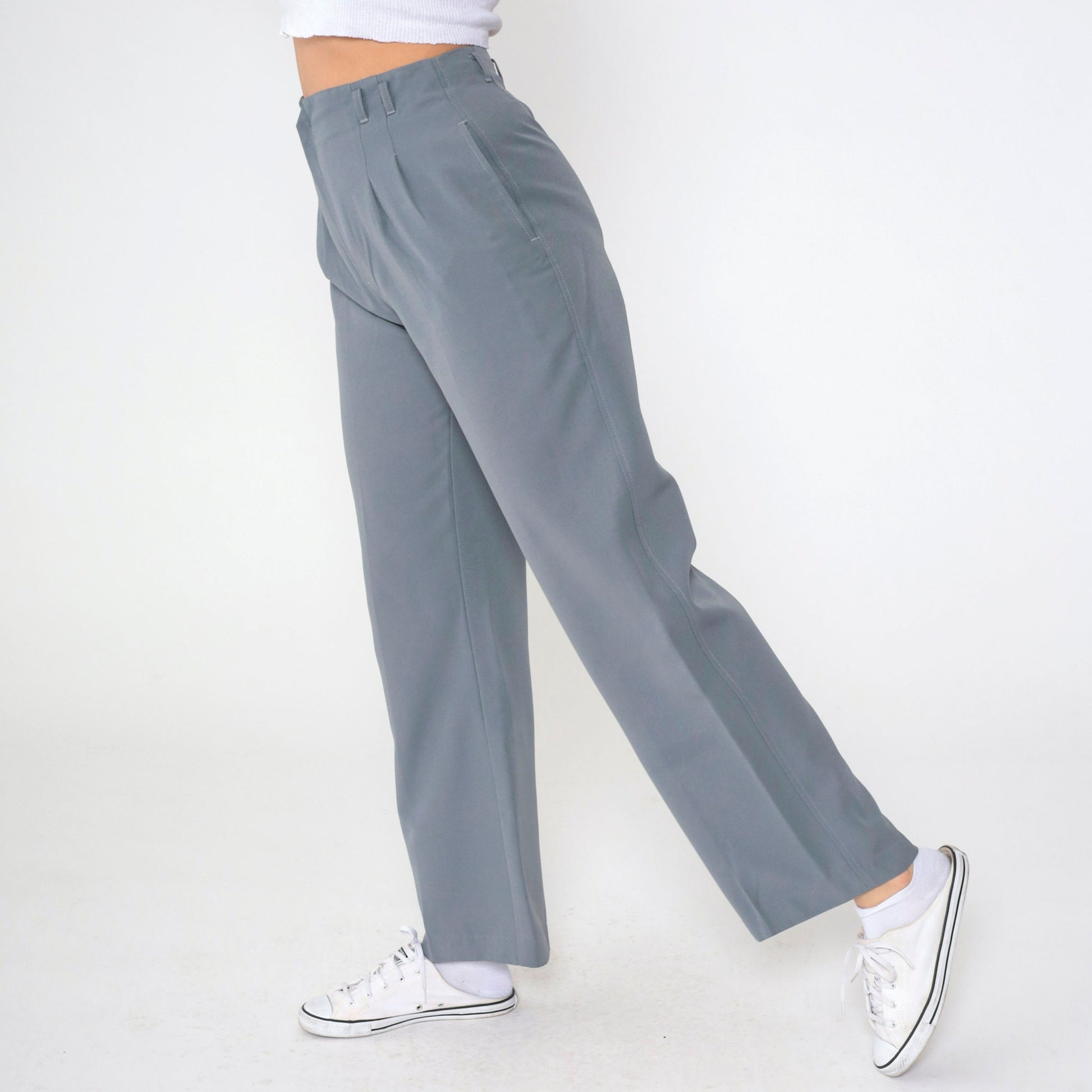 70s Grey Pleated High-Waist Straight Trousers Medium