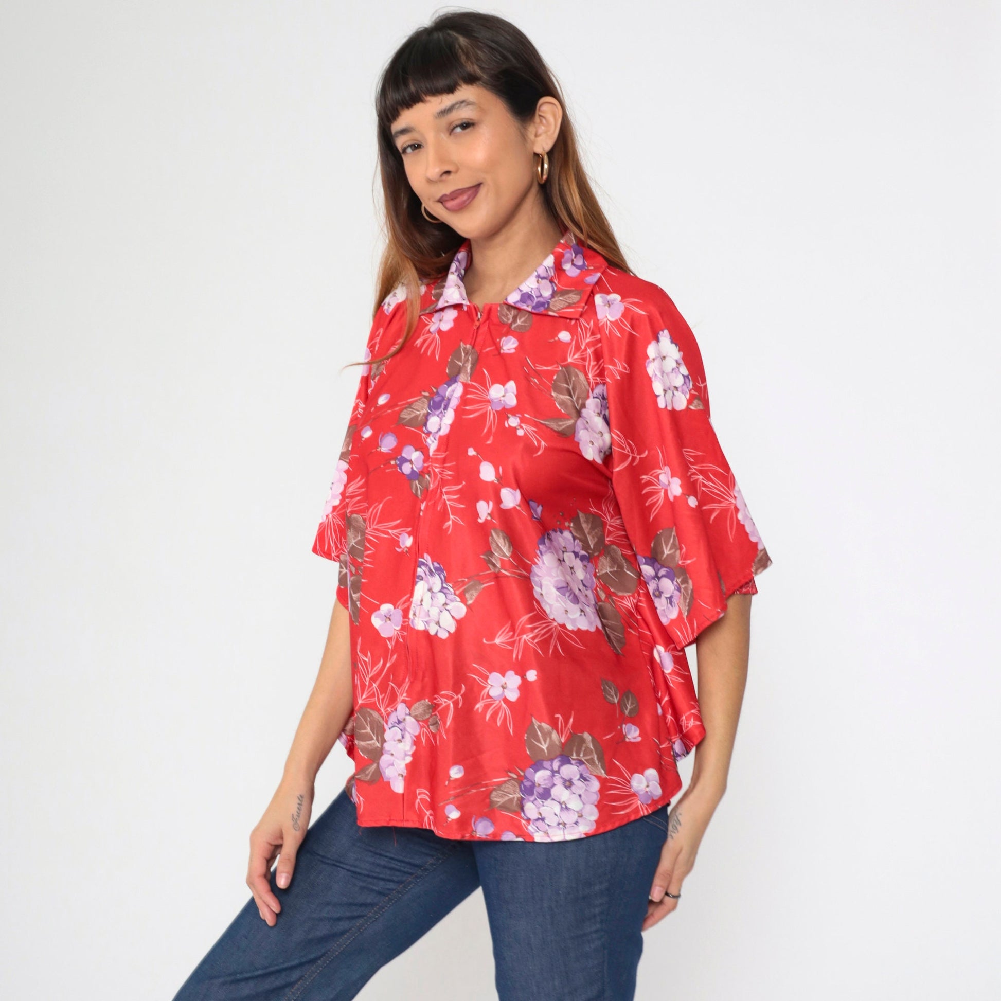 70s Jaylan of California Red Floral Zip Blouse Angel Sleeve Medium Large