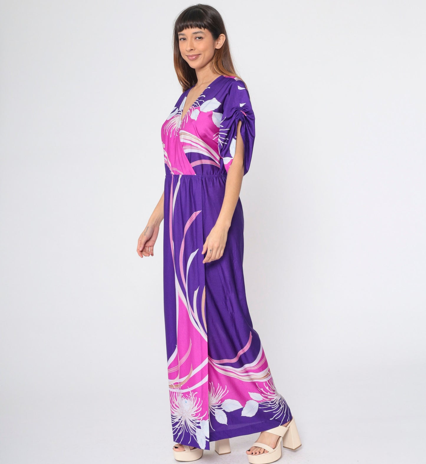 70s Purple Floral Hawaiian Maxi Dress Faux Wrap Ruched Sleeve Medium
