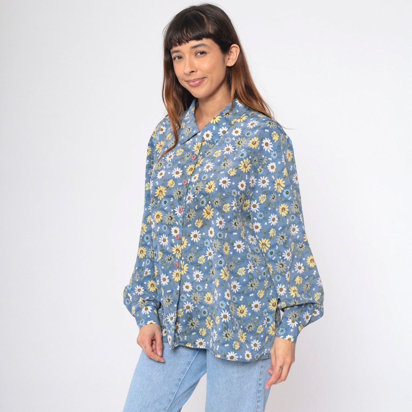 90s Blue Floral Button-Up Blouse Long Sleeve Collared Shirt Extra Large XL