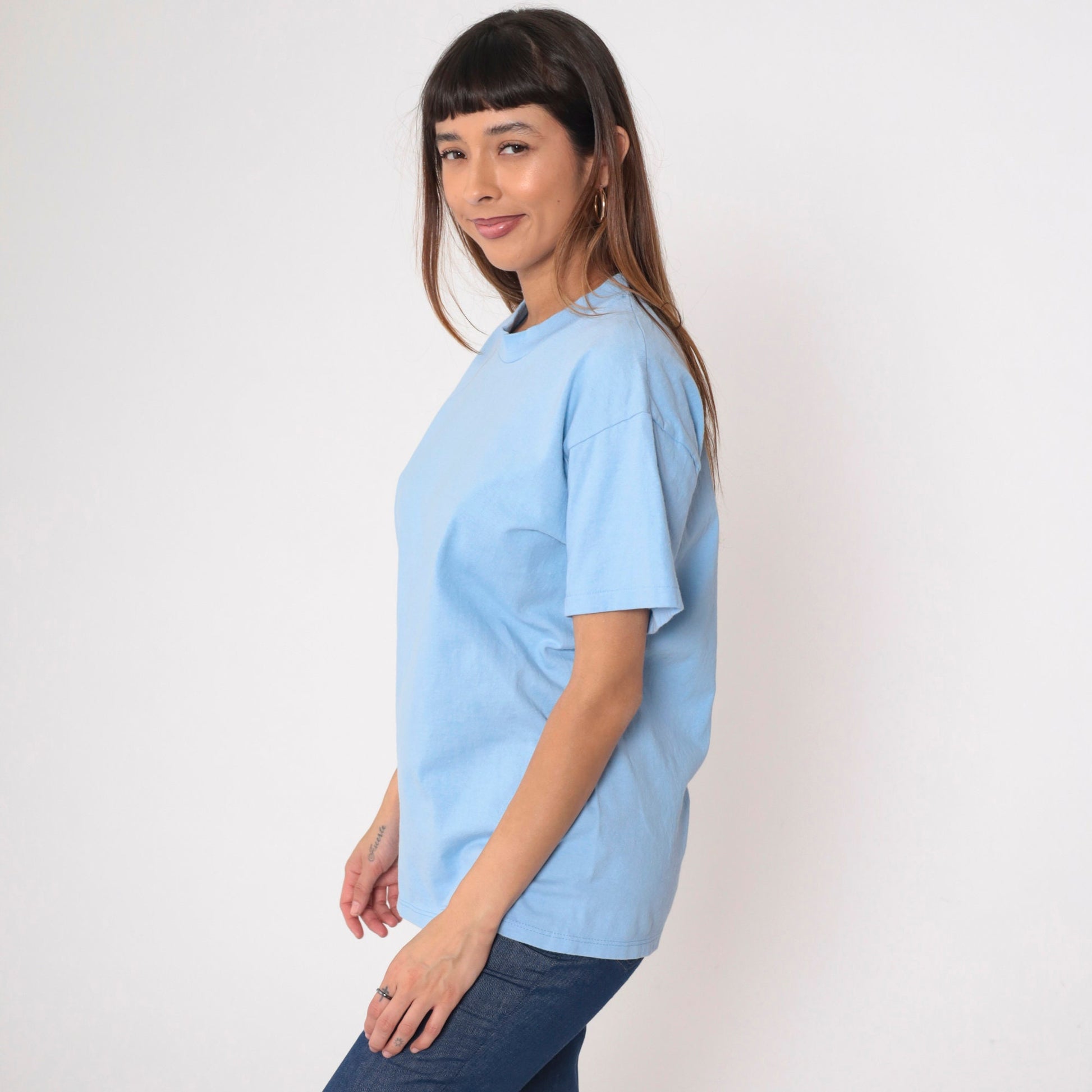 80s Stedman Baby Blue Cotton T-Shirt Crewneck Plain Tee Medium