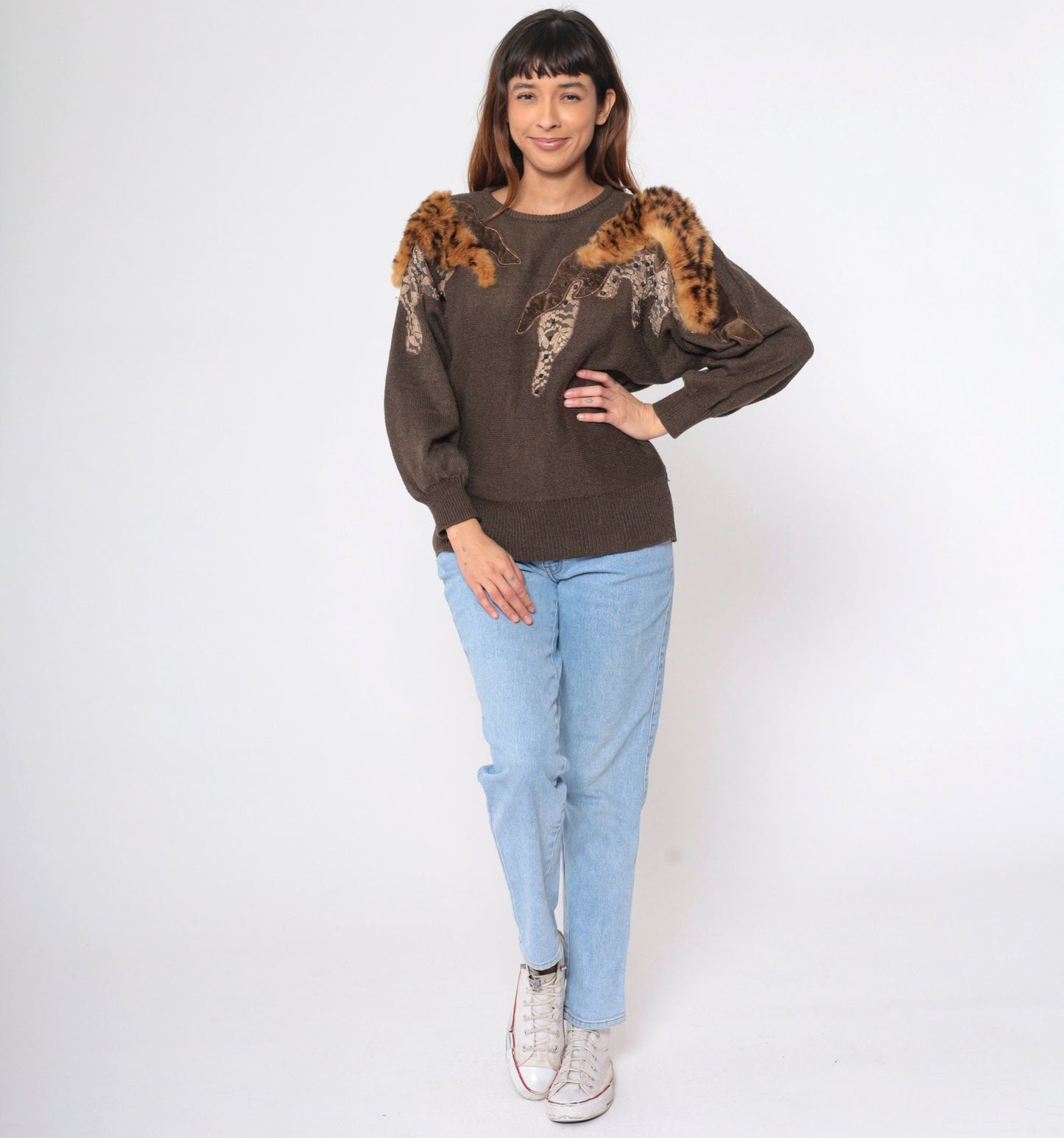 80s Brown Beaded Faux Fur Knit Sweater Dolman Sleeve Crewneck Medium