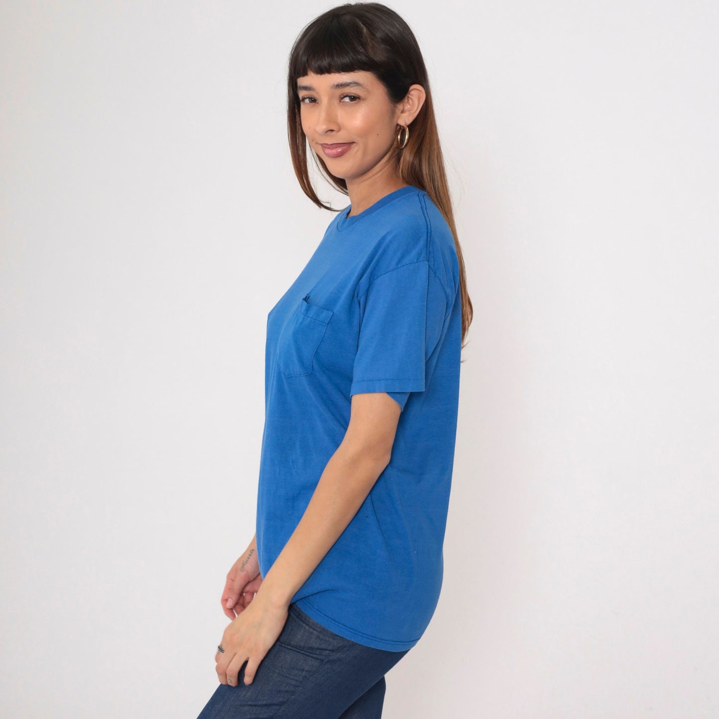 80s Blue Striped Pocket T-Shirt Cotton Blend Crewneck Medium