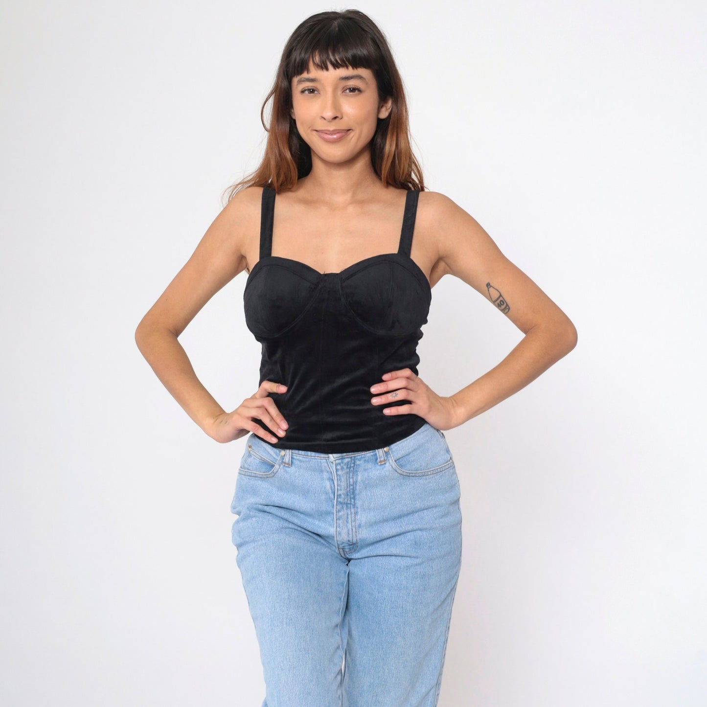 90s Black Velvet Stretch Tank Top Bustier Sleeveless Blouse Extra Small