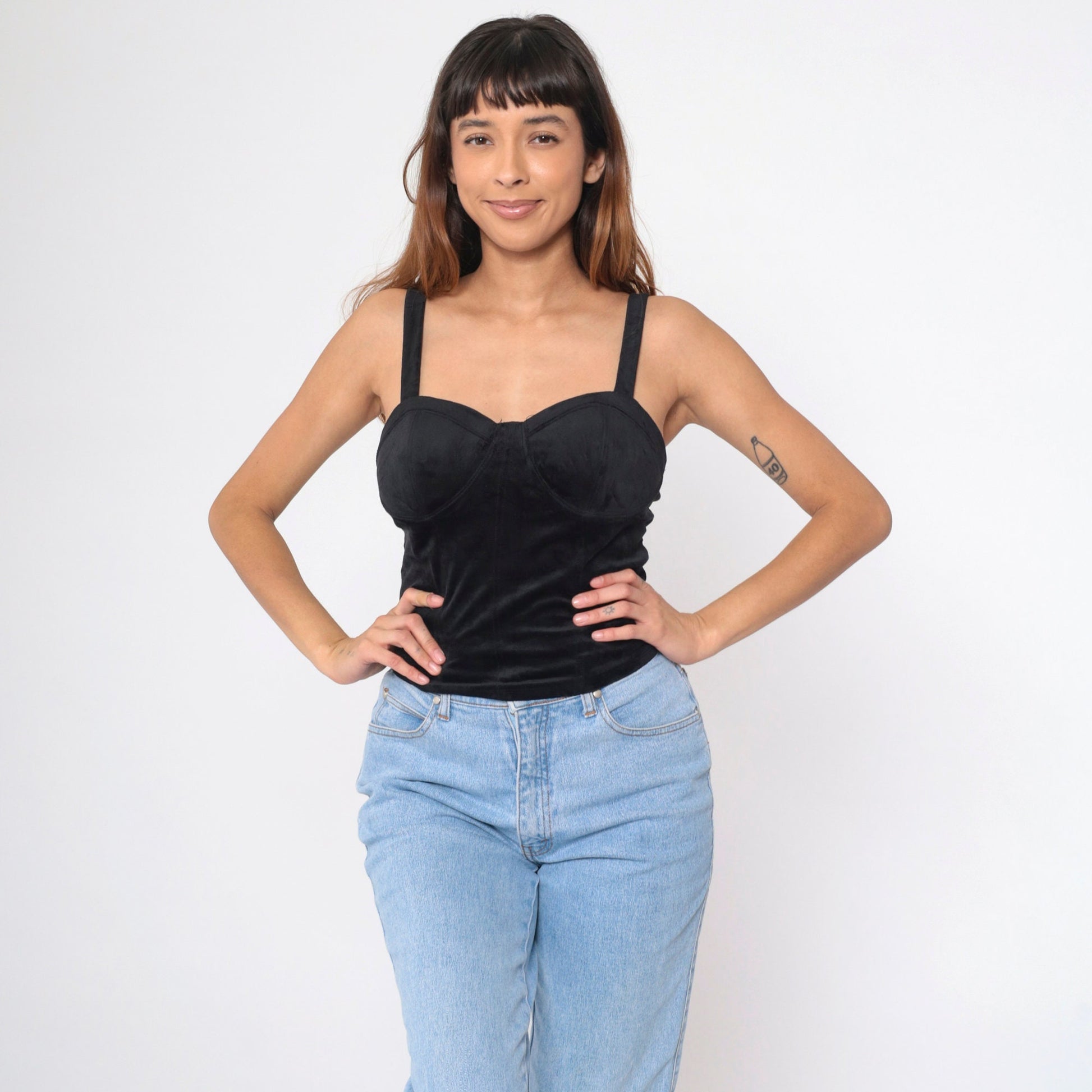 90s Black Velvet Stretch Tank Top Bustier Sleeveless Blouse Extra Small