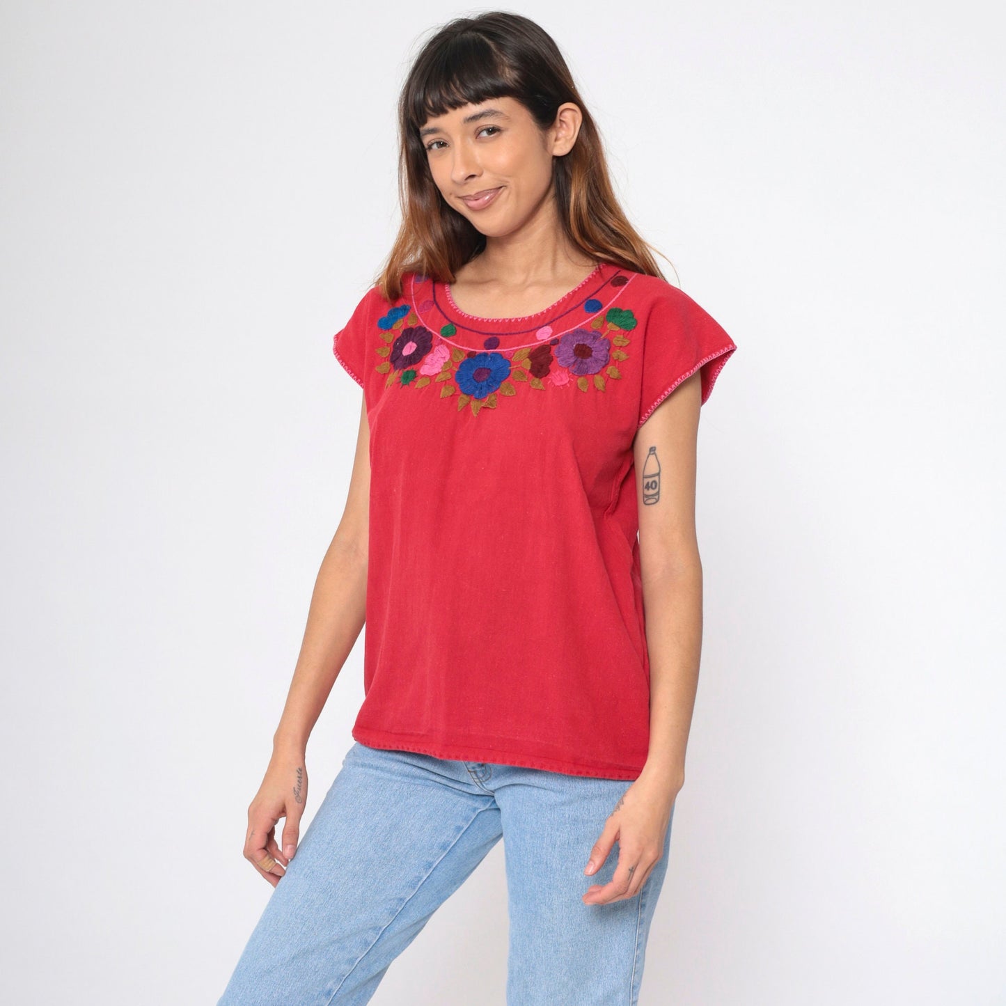 90s Mexican Embroidered Floral Blouse Red Short Sleeve Medium