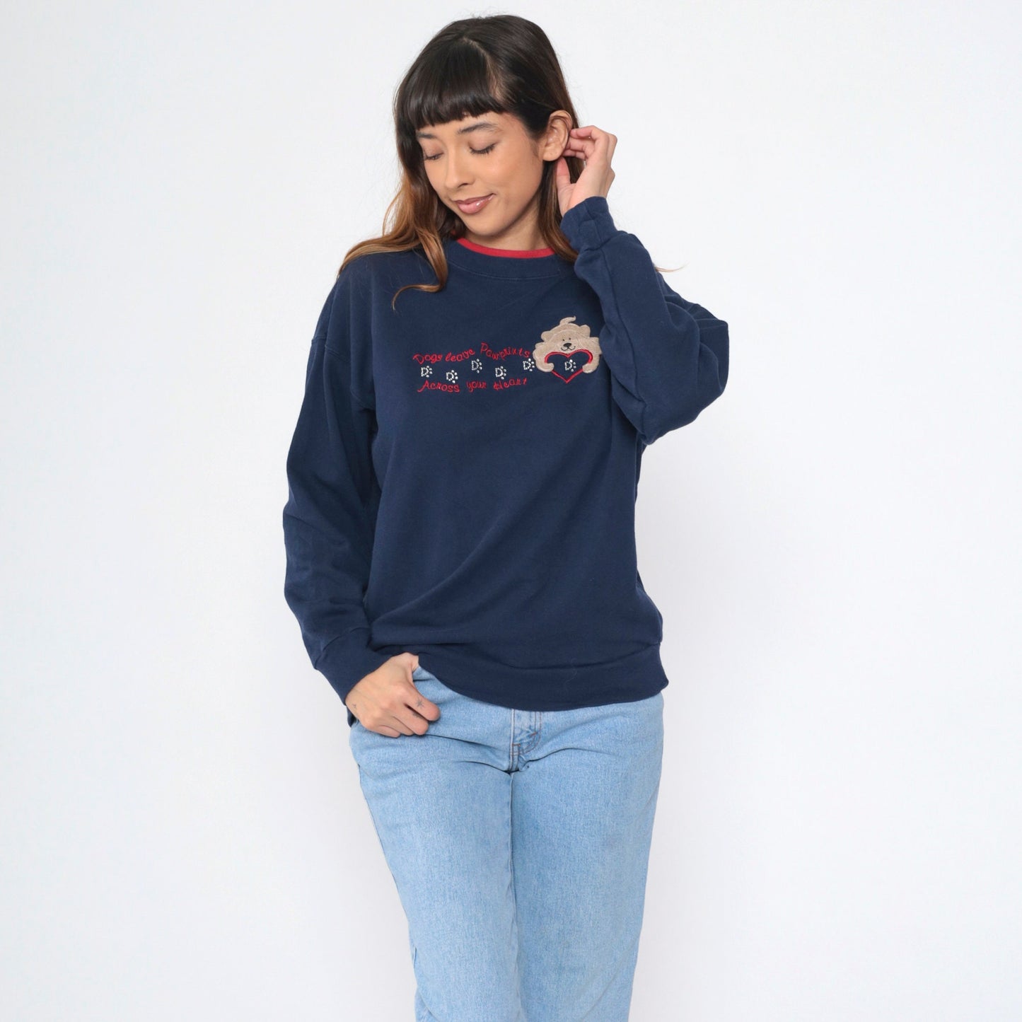 Y2K Dog Sweatshirt Navy Blue Rhinestone Embroidered Heart Pawprints Medium