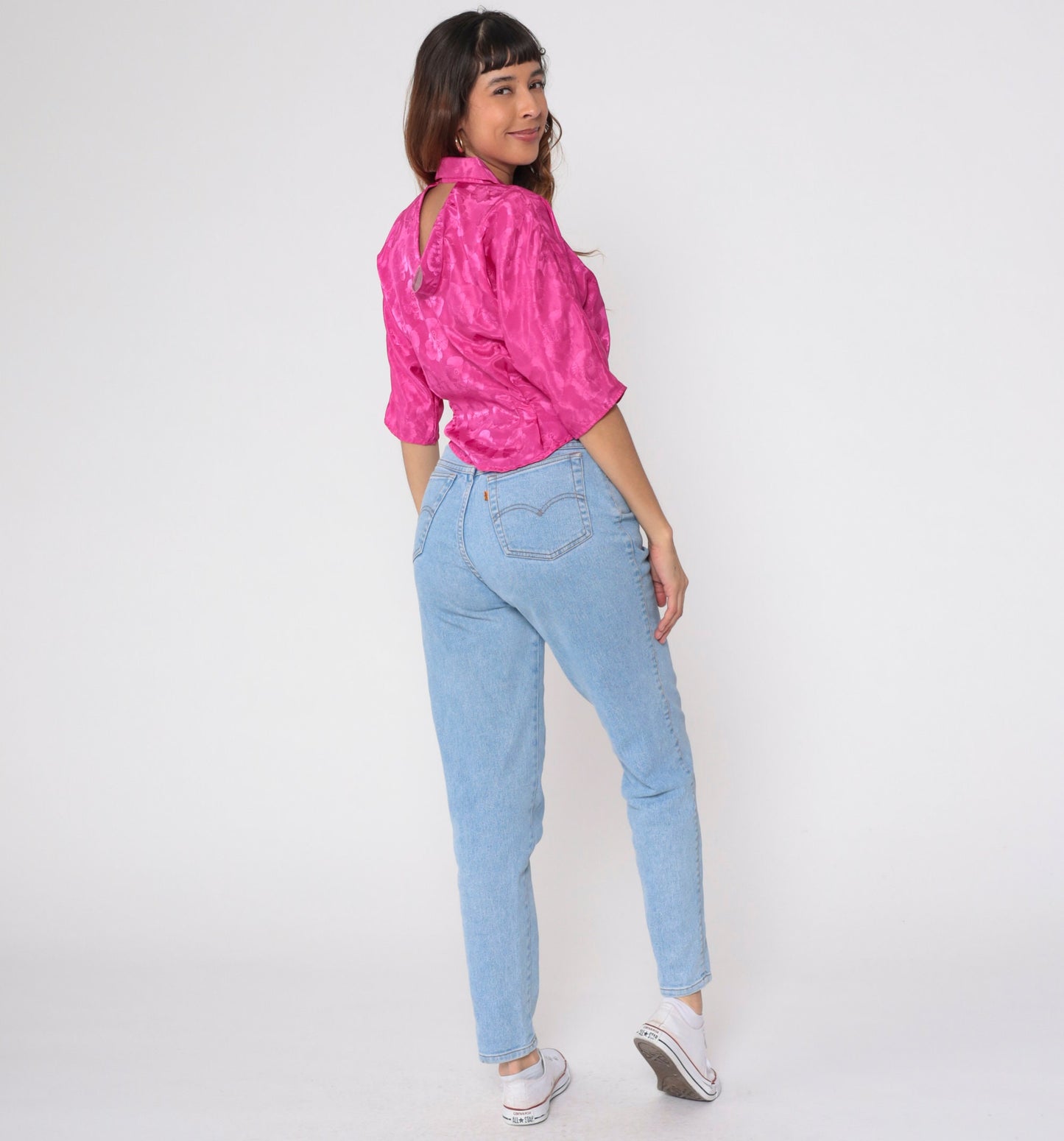 80s Fuchsia Satin Floral Blouse Keyhole Back Pearl Button 1/2 Sleeve Medium