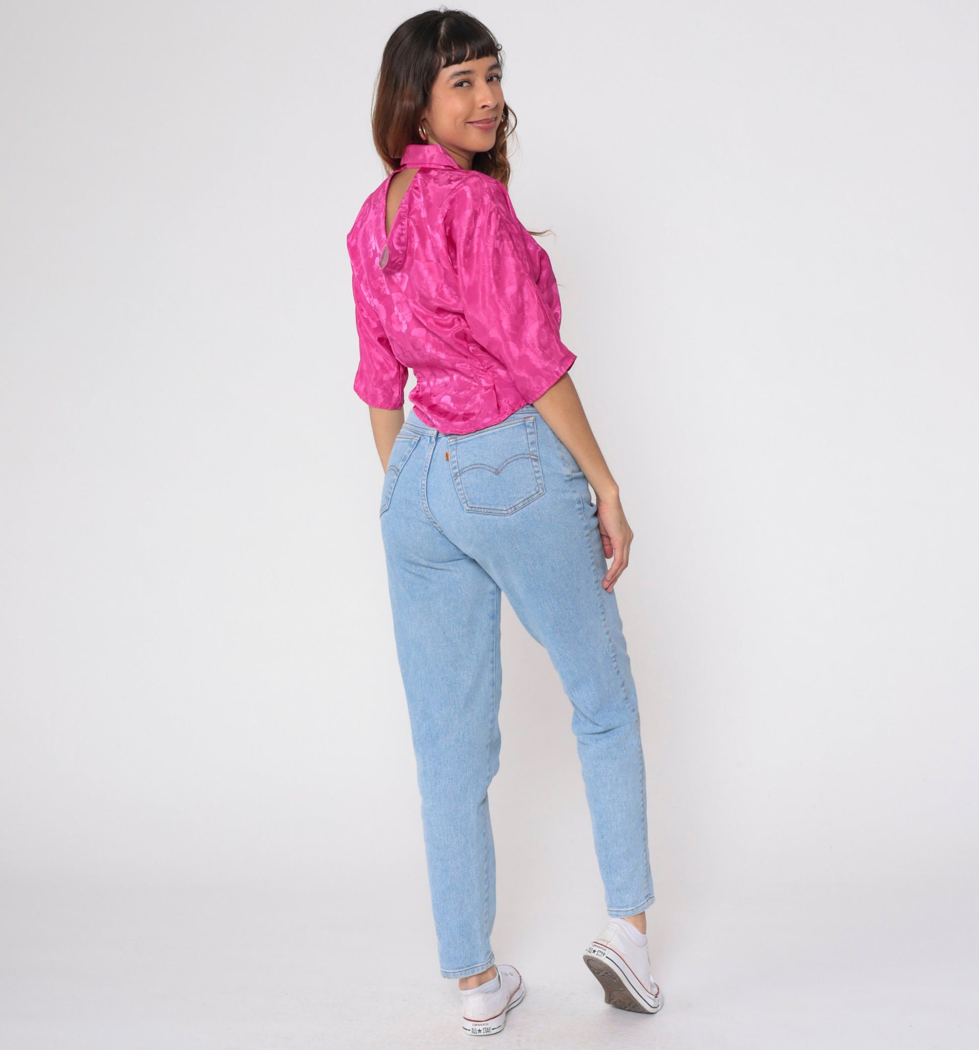 80s Fuchsia Satin Floral Blouse Keyhole Back Pearl Button 1/2 Sleeve Medium