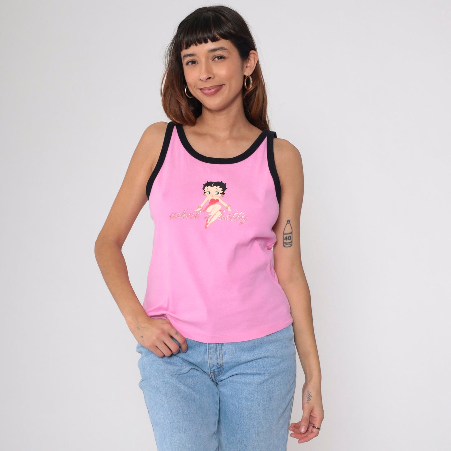 00s Betty Boop Tank Top 'What A Betty' Glitter Graphic Pink Black Ringer Medium