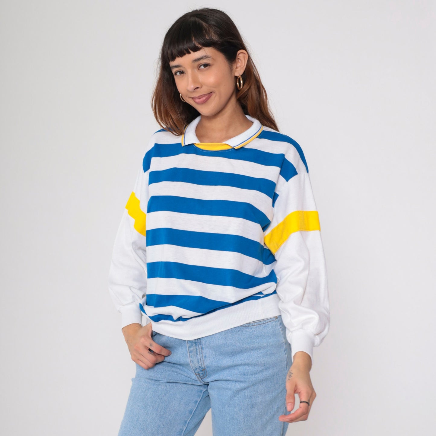 80s Blue White Striped Collared Shirt Yellow Trim Long Sleeve Medium