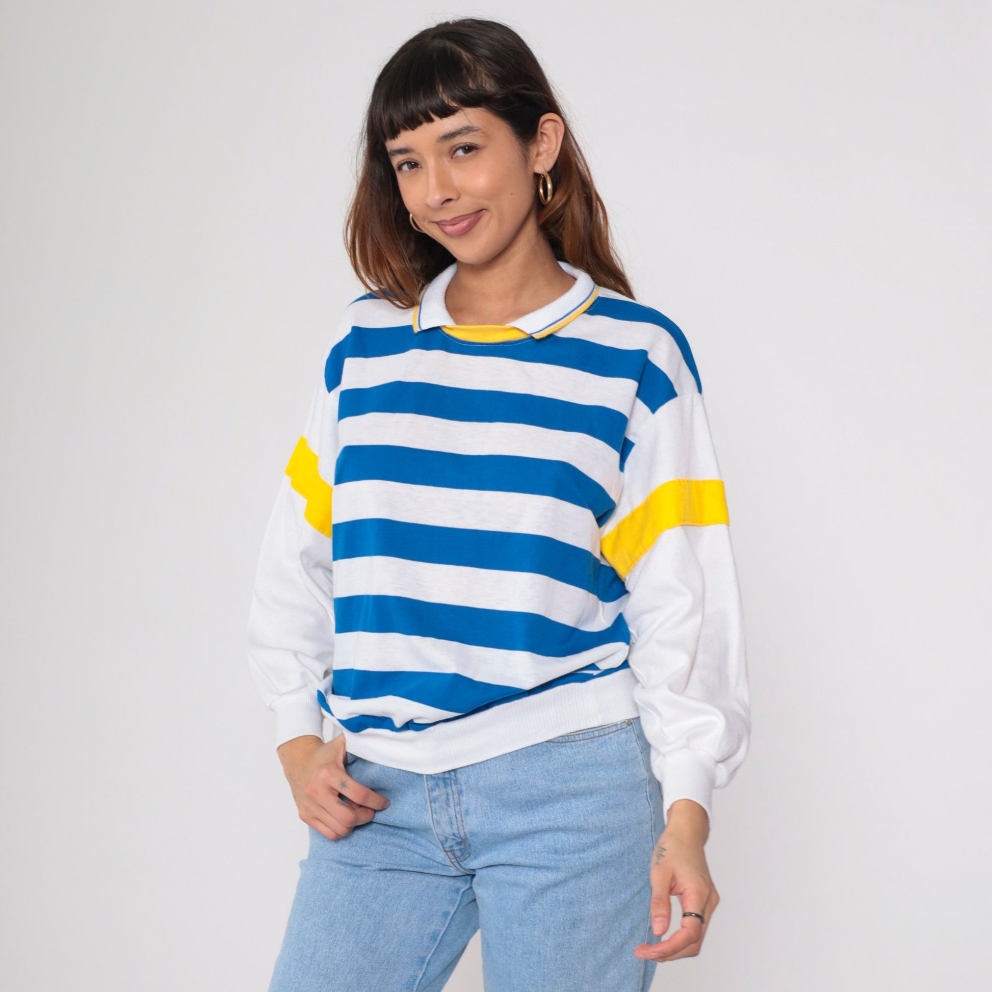 80s Blue White Striped Collared Shirt Yellow Trim Long Sleeve Medium