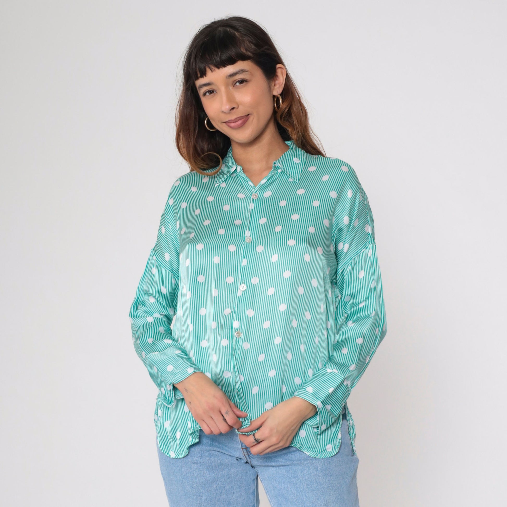 90s Fil Noir Green White Polka Dot Striped Button Up Blouse Long Sleeve Small