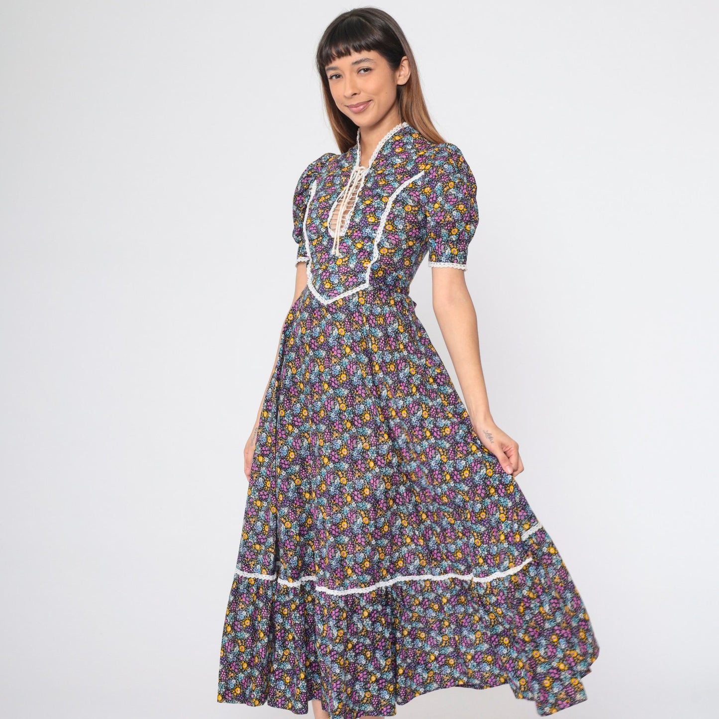 70s Calico Floral Maxi Dress Lace-Up Puff Sleeve Prairie Ankle Length XS