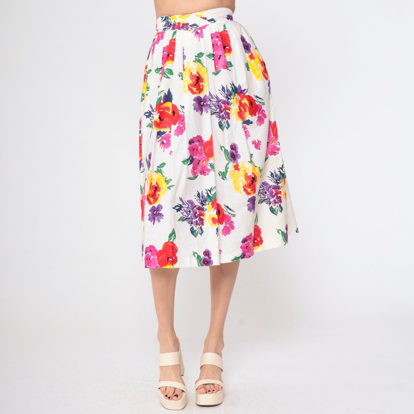 90s Worthington White Floral Pleated Midi Skirt High Waist Pockets Small