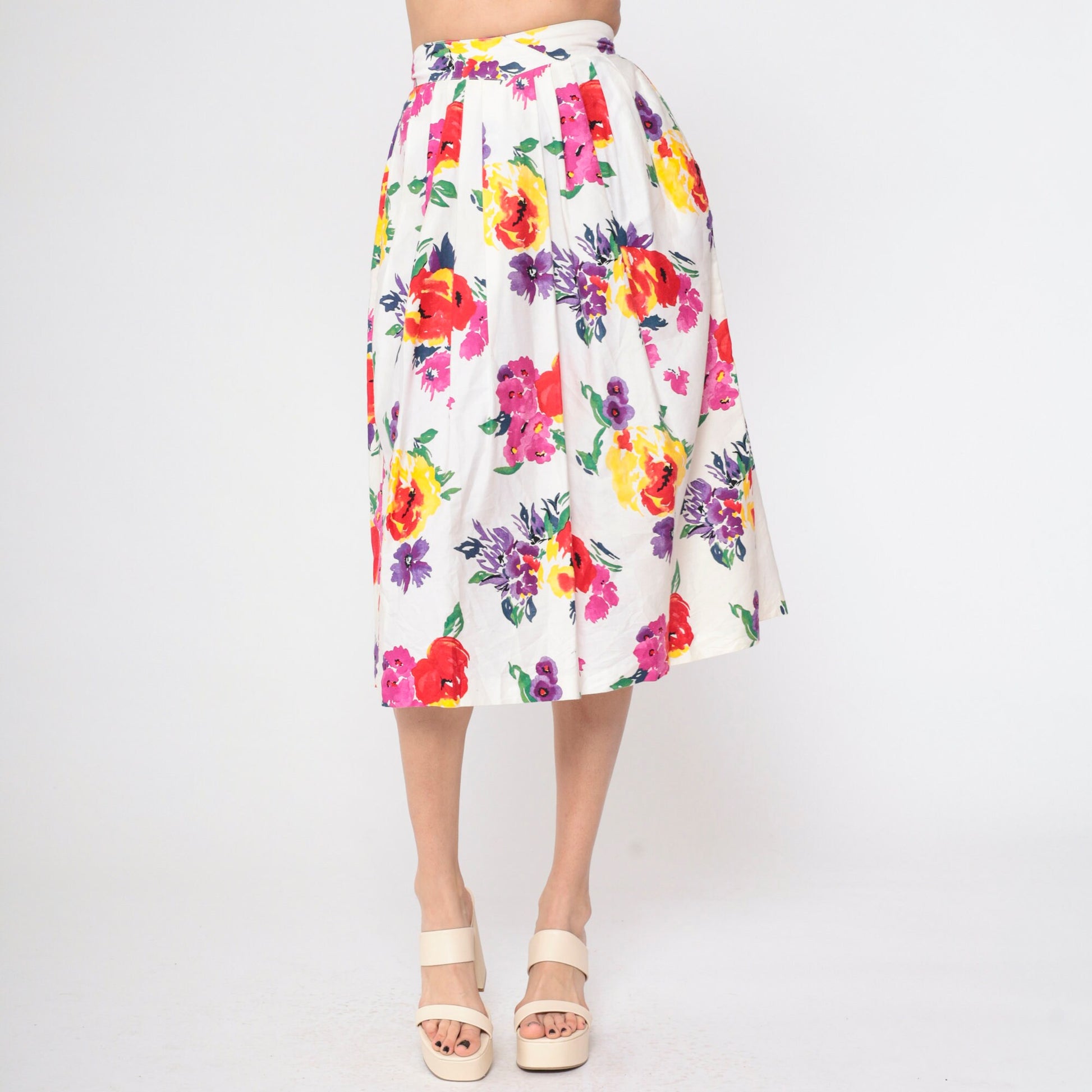 90s Worthington White Floral Pleated Midi Skirt High Waist Pockets Small
