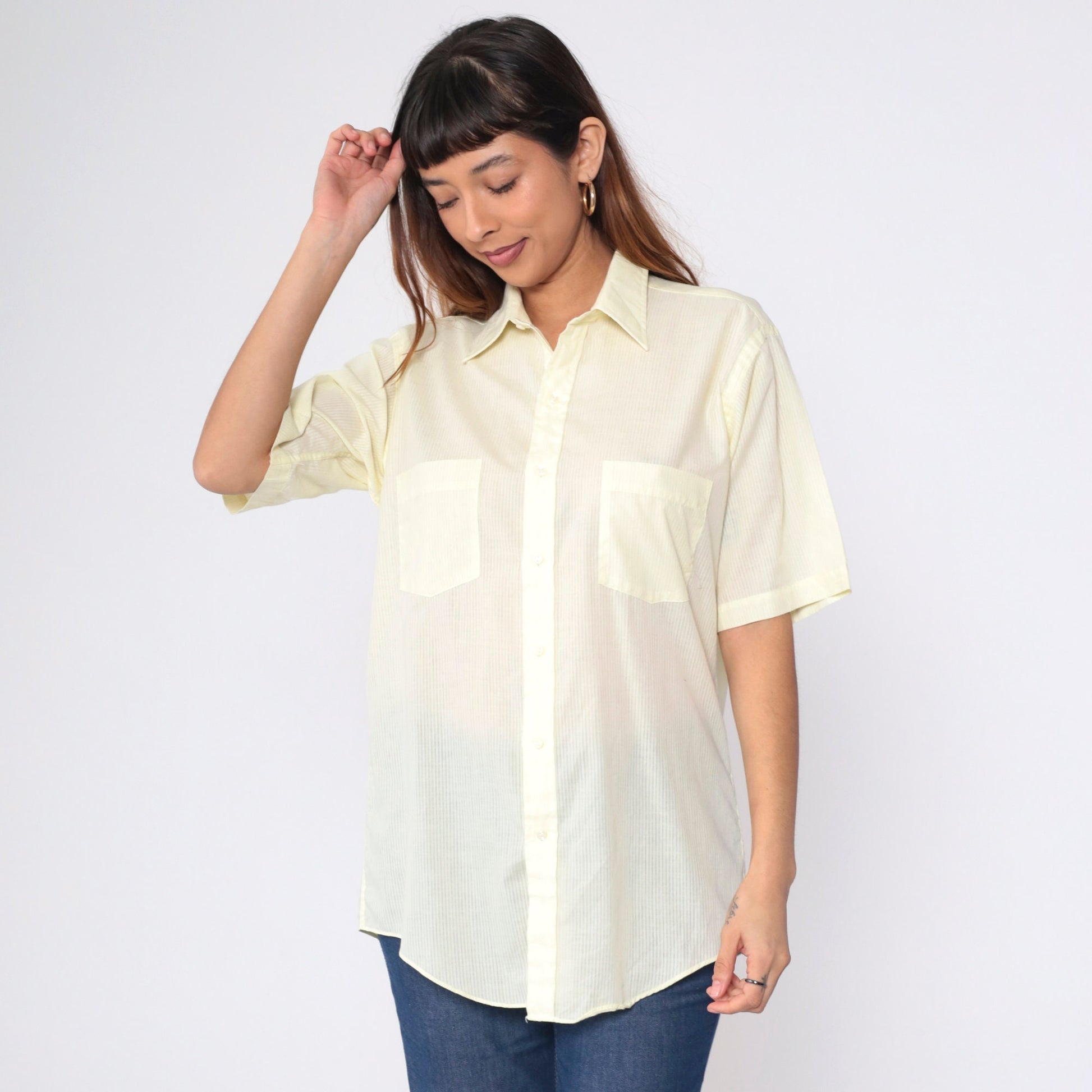 80s Arrow Kent Classic Yellow Striped Button Up Shirt Men's Medium 15 1/2