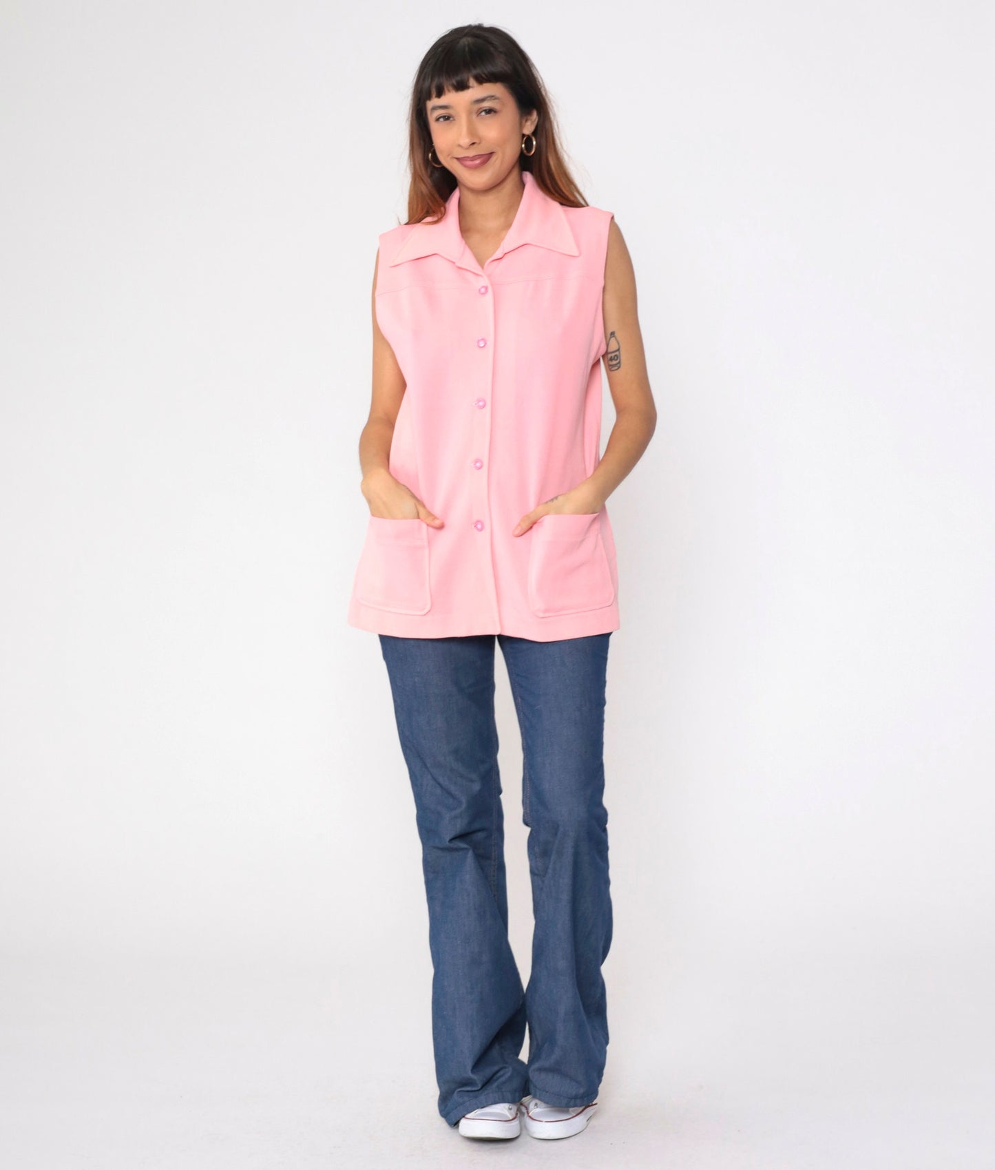 70s Pink Wing Collar Tank Top Button-Up Blouse Longline Large L