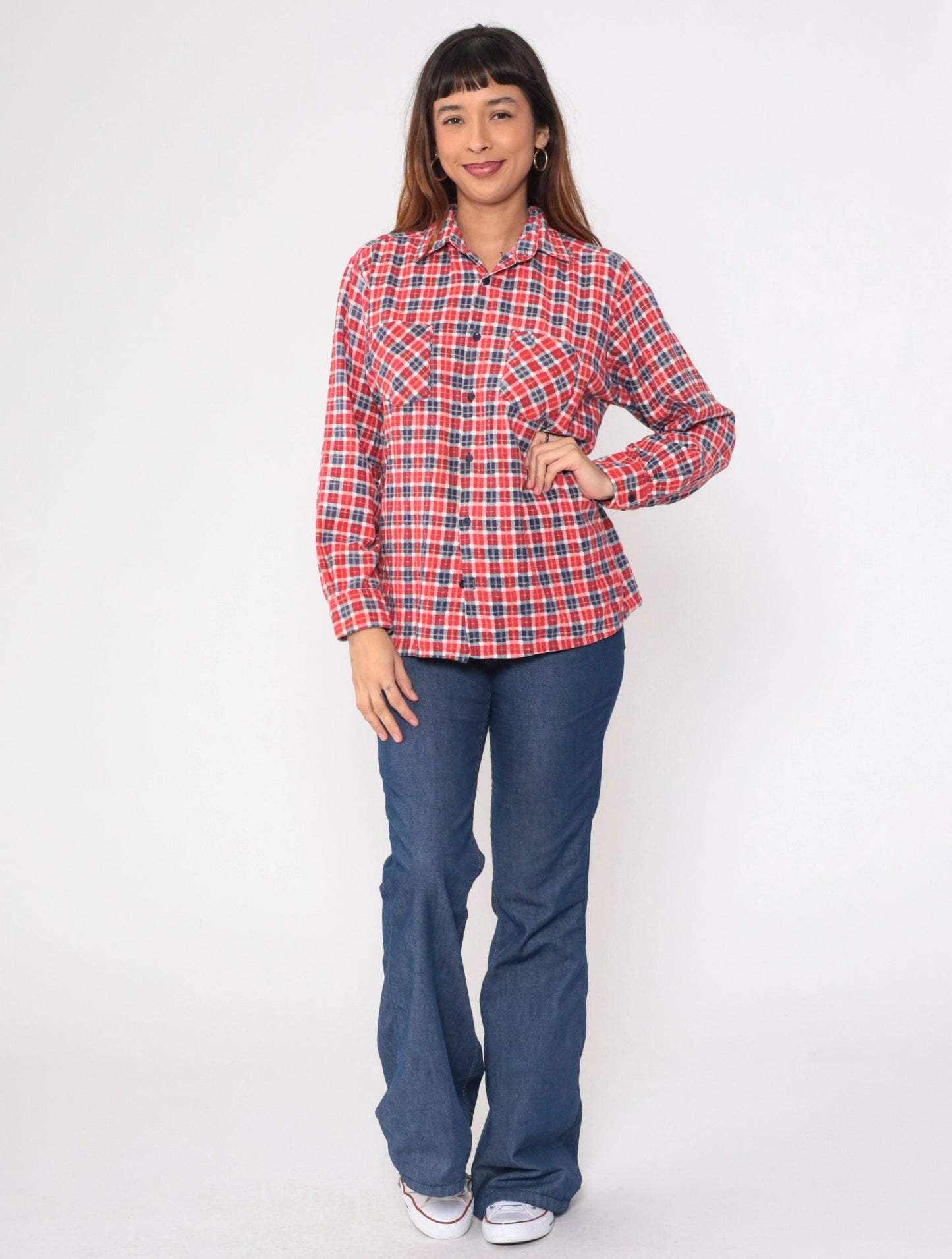 90s Red White Blue Plaid Flannel Shirt Cotton Button-Up Medium