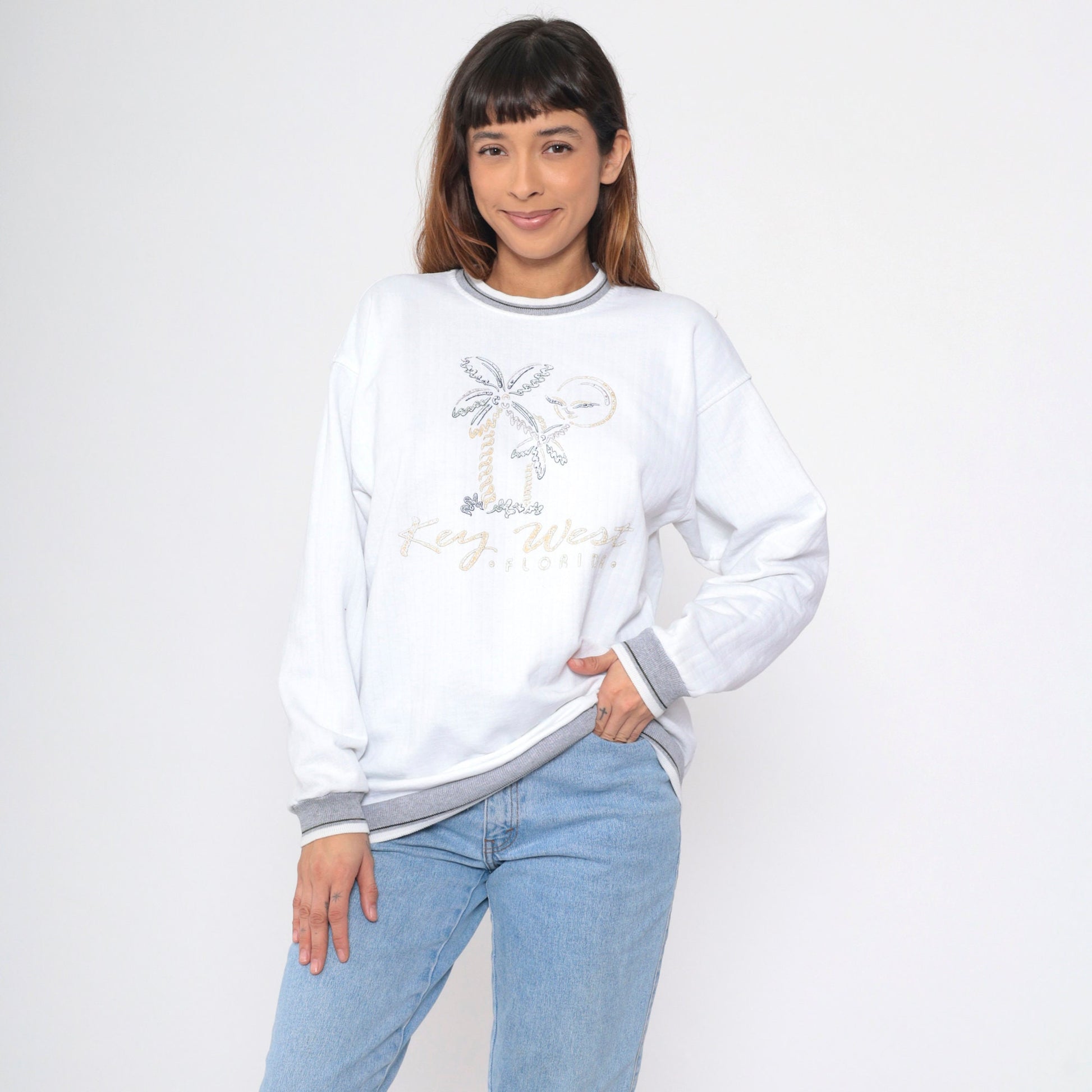 90s Key West Florida Sweatshirt White Graphic Beach Palm Ringer Large L