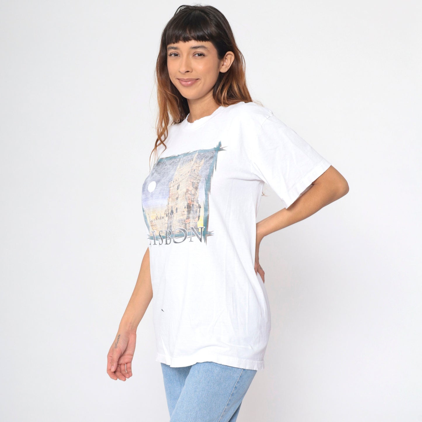 90s Lisbon Belém Tower Portugal Graphic T-Shirt White Distressed Large